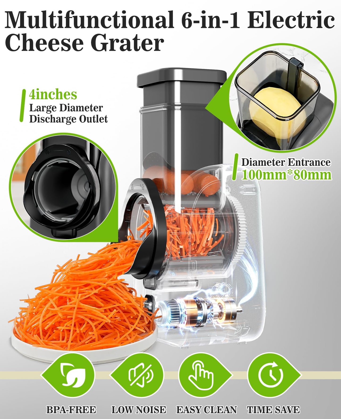 Electric Cheese Grater Rotary Slicer-One-Touch Control Vegetable Slicer, Nuts Grinder Cheese Shredder for Home Kitchen Use, 6 Replaceable Stainless Steel Blades(Black)