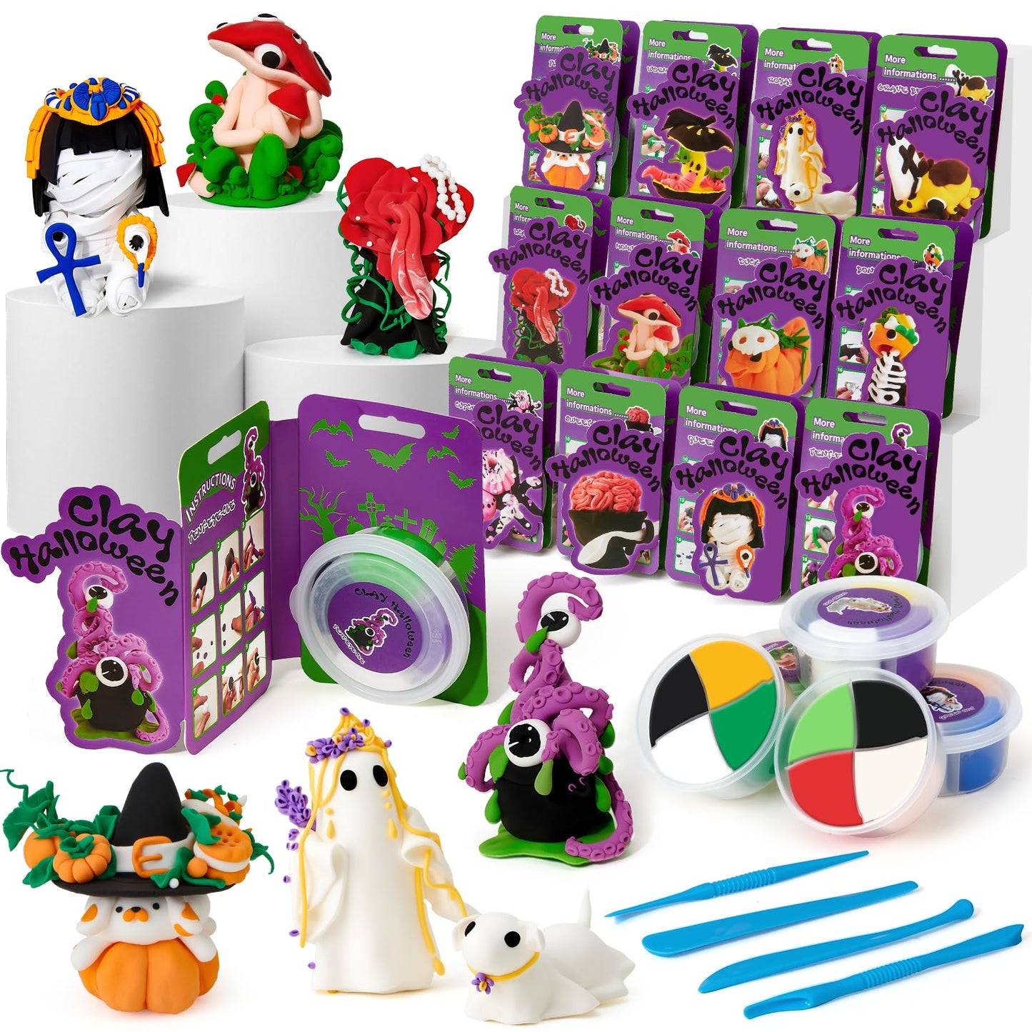 Winrayk Halloween Air Dried Clay Kit for Kids, 12 Boxes of Magic Molding Clay with Carving Tools and Tutorials, Halloween Gifts, Toys and Crafts for Kids