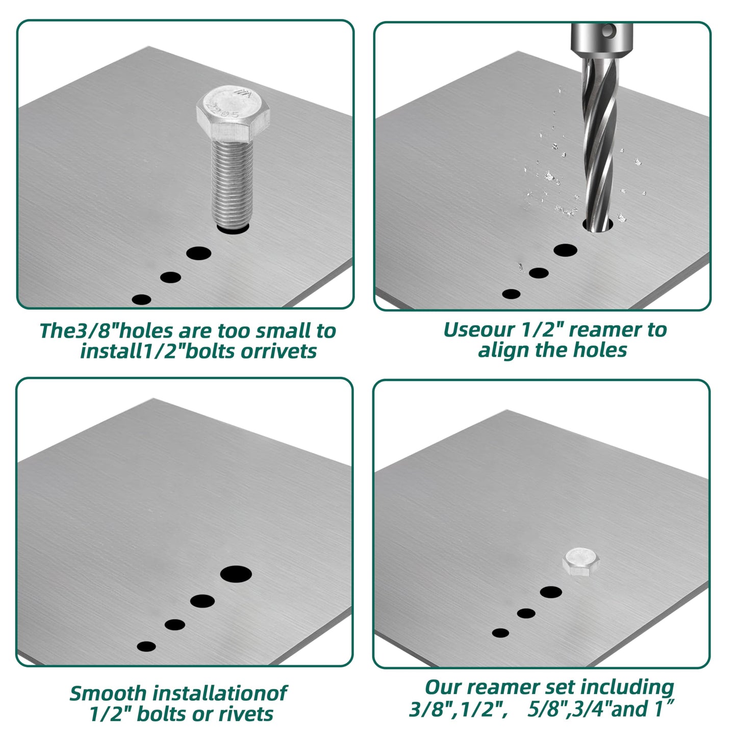 5PCS M2 HSS Taper Chucking Reamer Set 3/8",1/2",5/8",3/4",1 Fit 1/2" Round Shank Construction Reamer Drill Bit Bridge Also for Wood Alloy Steel Metal Align The existing Hole and Expand The Reamer