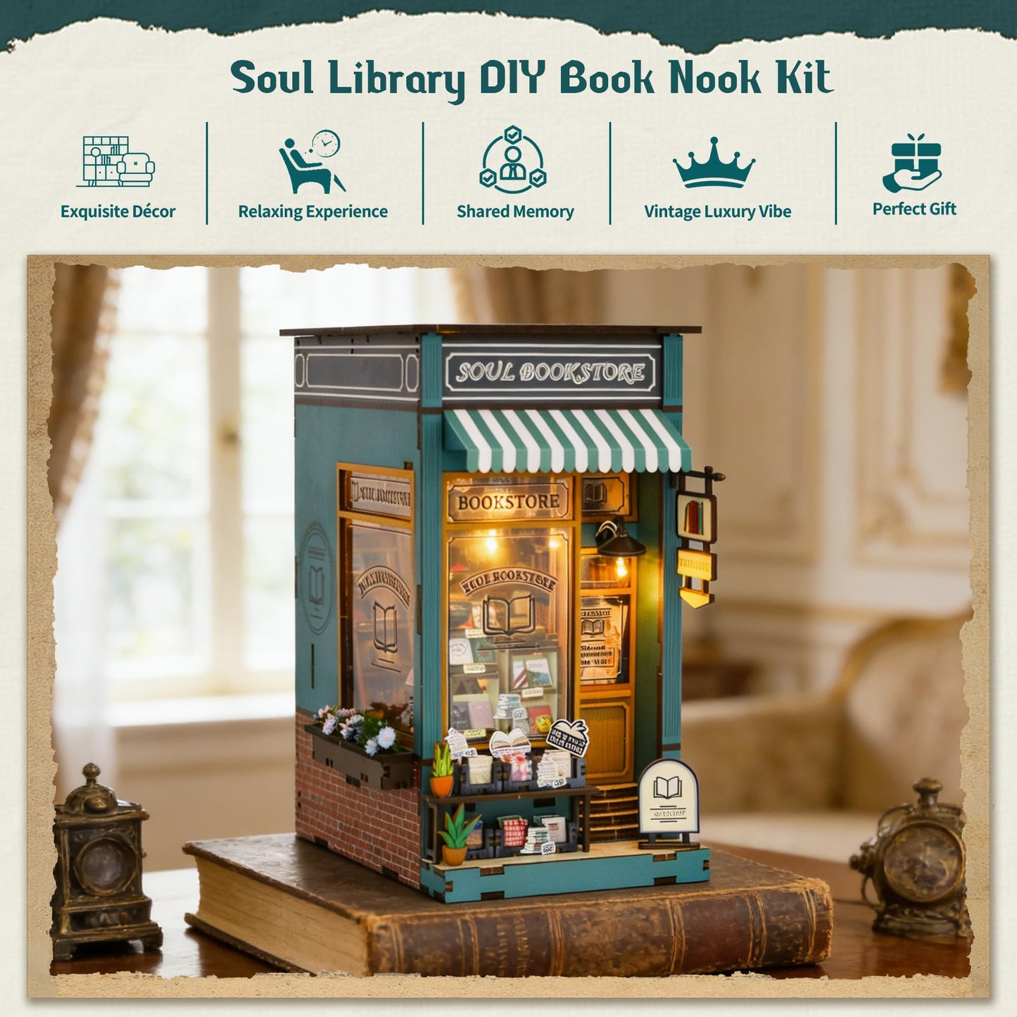 Soothee DIY Book Nook Kit with LED Lights - 3D Puzzles for Adults & Teens, Miniatures and Model Building Kits for Bookshelf Decor, Relaxing Craft & Unique Gift for Craft Lovers (Soul Bookstore)