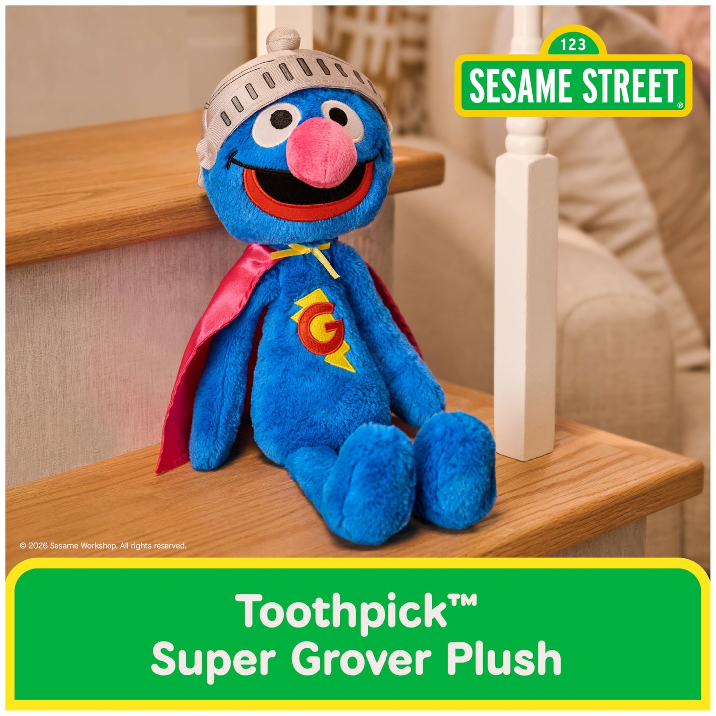 GUND Sesame Street Official Toothpick Super Grover Plush, Plush Muppet, Sensory Toy, Sesame Street Stuffed Animals, Kids Gifts, Blue, 15”