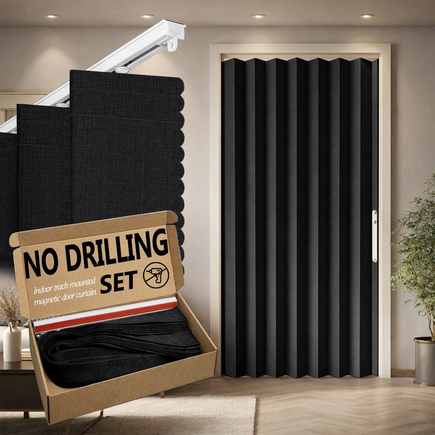 Jilron Accordian Door Curtain,Install Adhesive Track 100% Blackout Doorway Curtains,Suitable for Bedroom,Closet,Interior Room Divider,Black 43" W×78" L,1 Piece