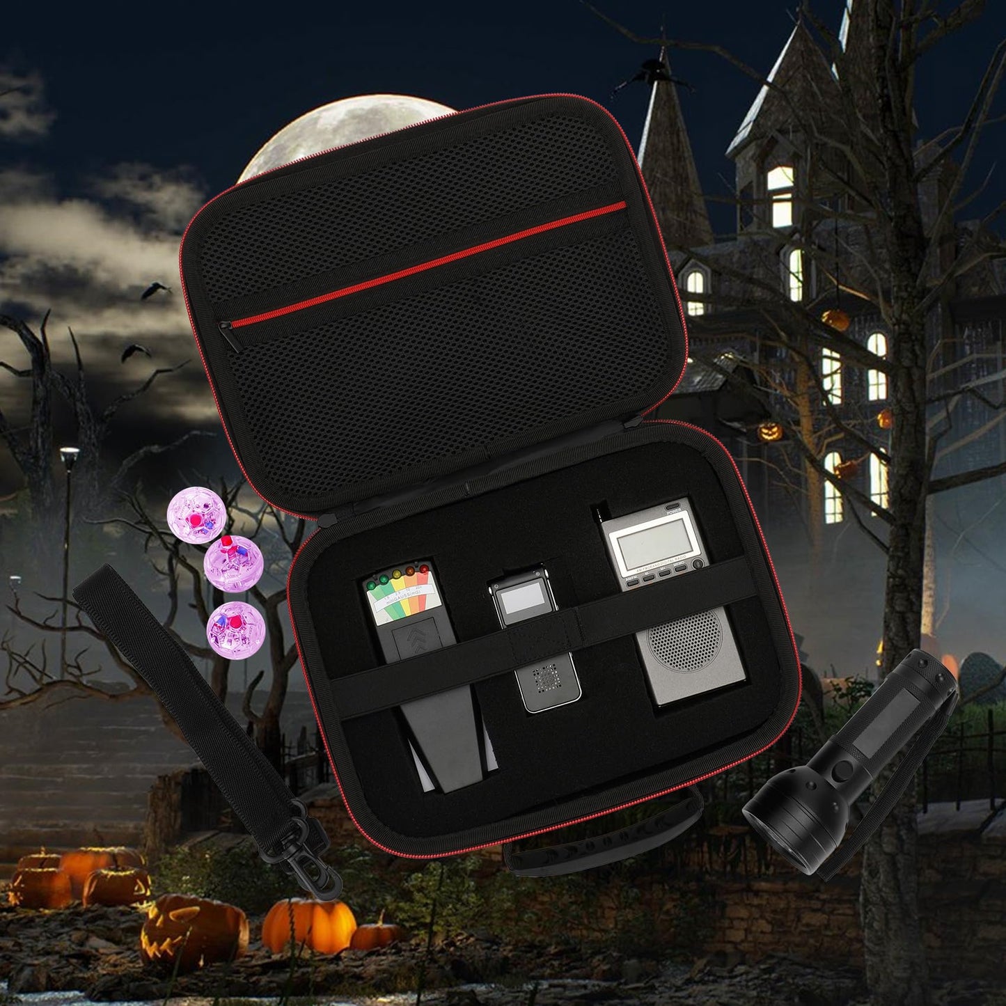 8 Pcs Ghost Hunting Kit with 1 EMF Meter,1 EVP Recorder,1 Spirit Box,1 UV Light,3 LED Light up Cat Balls & 1 Carrying Case