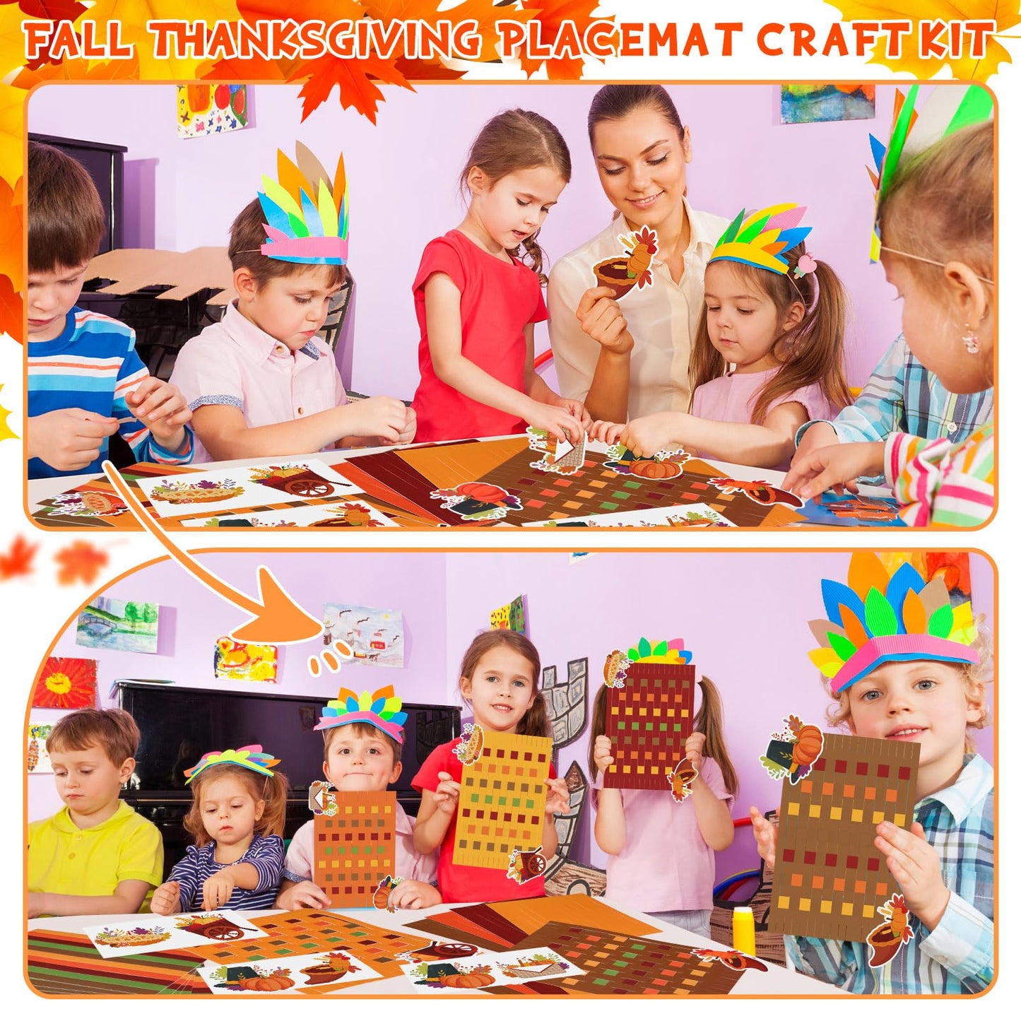Ctosree 24 Sets Thanksgiving Placemat Craft Kit DIY Thanksgiving Pumpkin Placemat Crafts Autumn Ornamen Paper Table Mats Activity for Autumn Thankful Home Holiday Party Supplies (Classic)