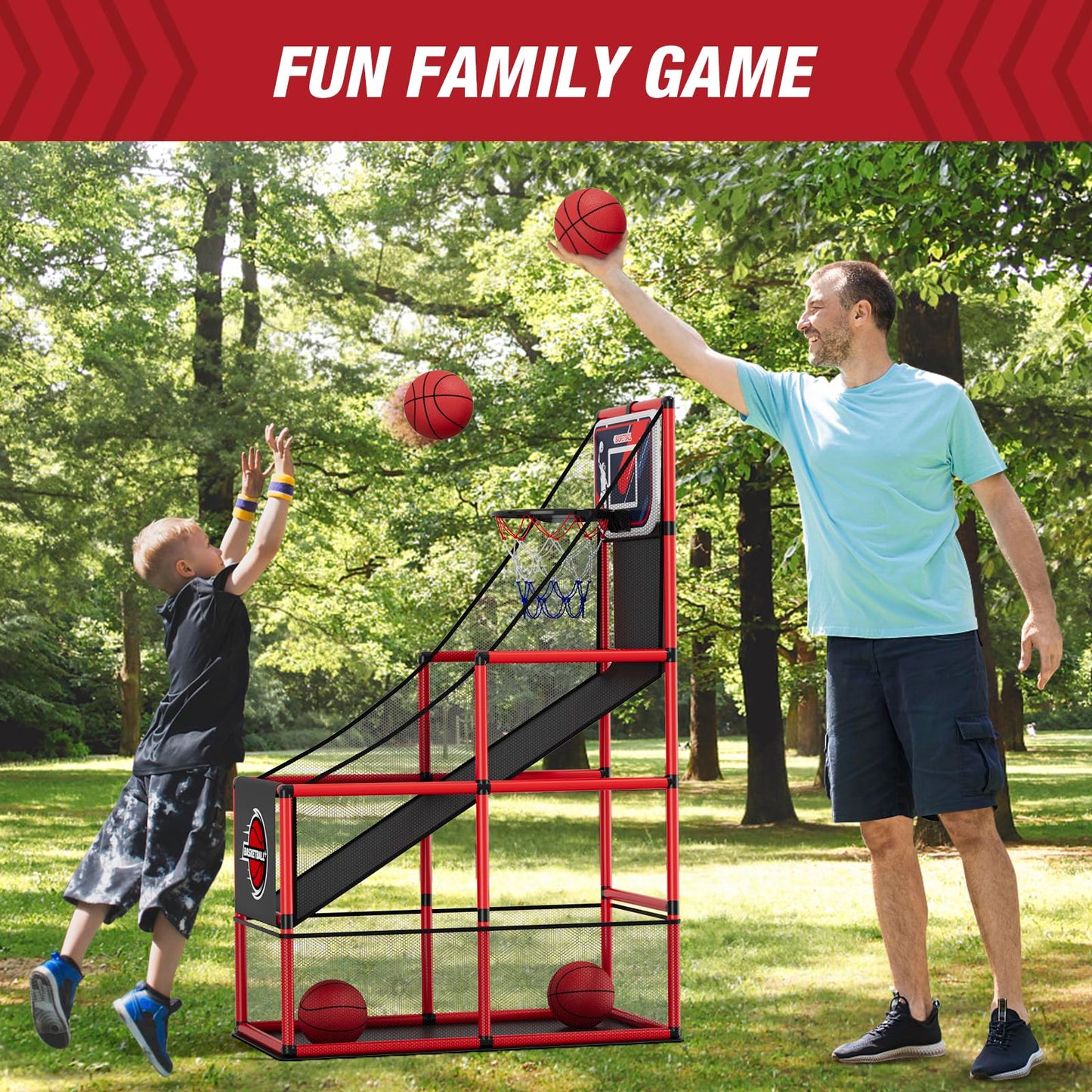 HYES Basketball Arcade Game Indoor Outdoor, Kids Basketball Hoop with 4 Balls & Pump, Single Shot Basketball Game at Home, Carnival Games Sport Toys Gifts for Boys Girls Teens Ages 3-12 Years Old