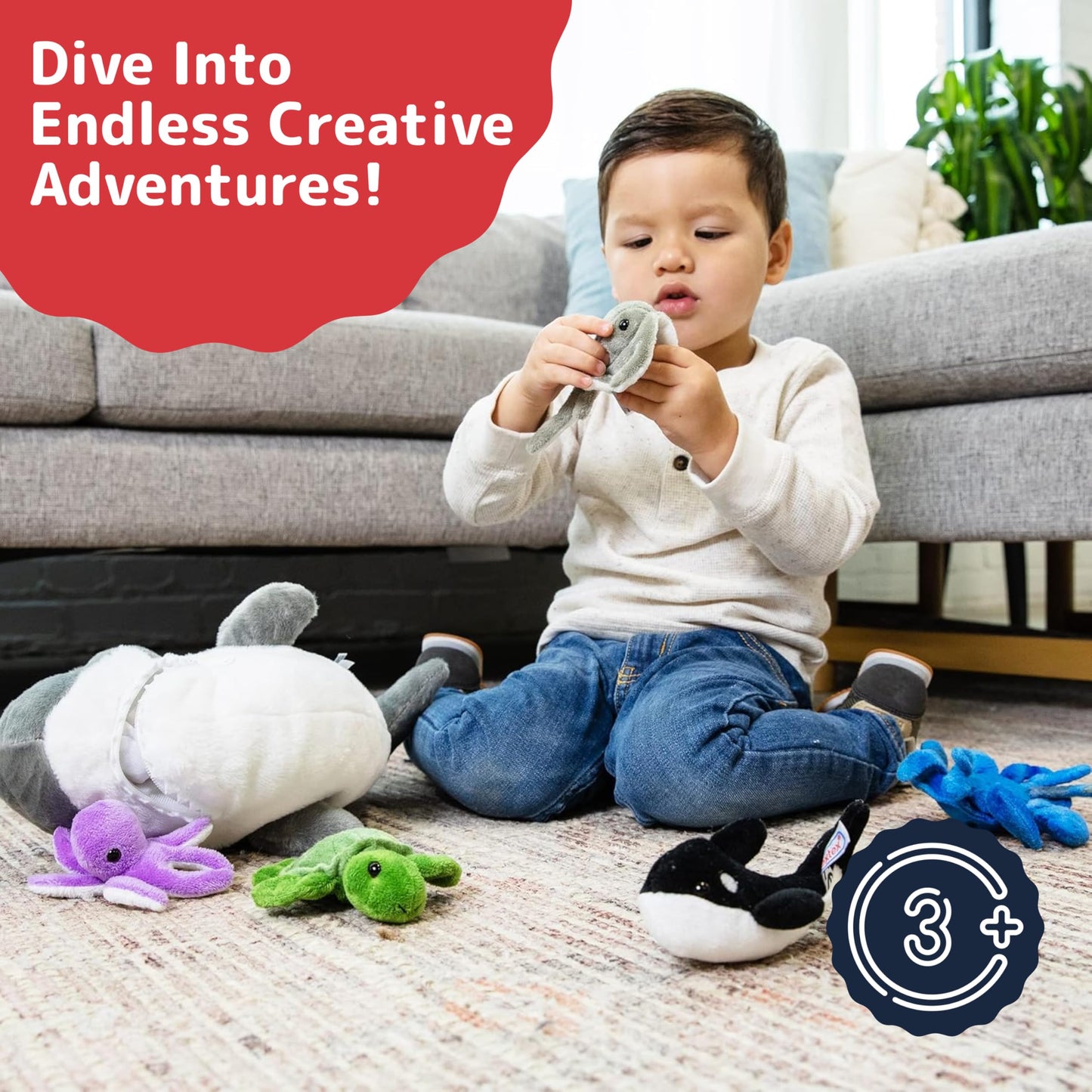 PREXTEX Stuffed Animal Toy Gift Set of Five Small Mini Plush Stuffed Animals (Penguin, Polar Bear, Whale, Narwhal, Walrus) in Big Zippered Iceberg Home, Bulk Stuffed Animals for Kids Boys & Girls