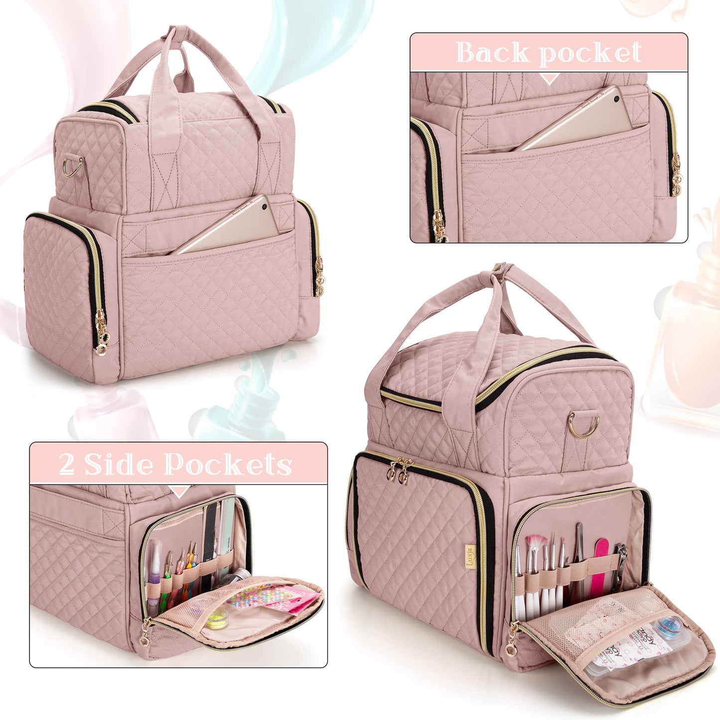 LUXJA Nail Polish Organizer Holds 48 Bottles and a Nail Lamp, Nail Polish Case with 2 Removable Bags and Tools Storage Pockets (Patent Pending), Pale Rose