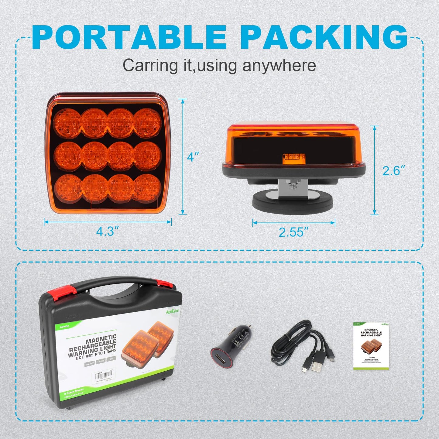 Agrieyes 2Pcs Rechargeable Flashing Lights for Vehicles, Super Magnetic Strobe Hazard Lights, Wireless Portable Amber Led Warning Beacon Emergency Light for Trucks Bus Tractor Oversize Trailer