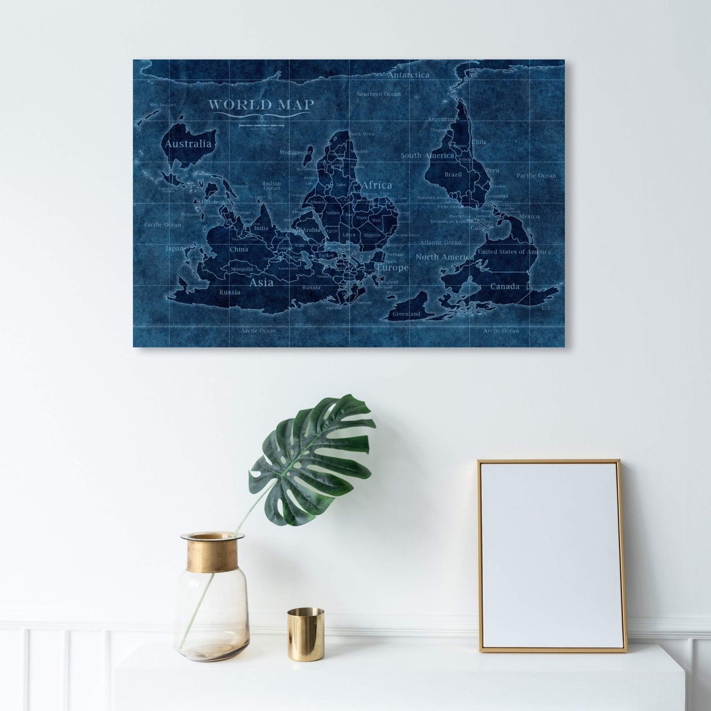 Wynwood Studio Flags Wall Art Canvas Prints 'Upside-Down Map of The World' Home Décor, 36" x 24", Blue, Blue