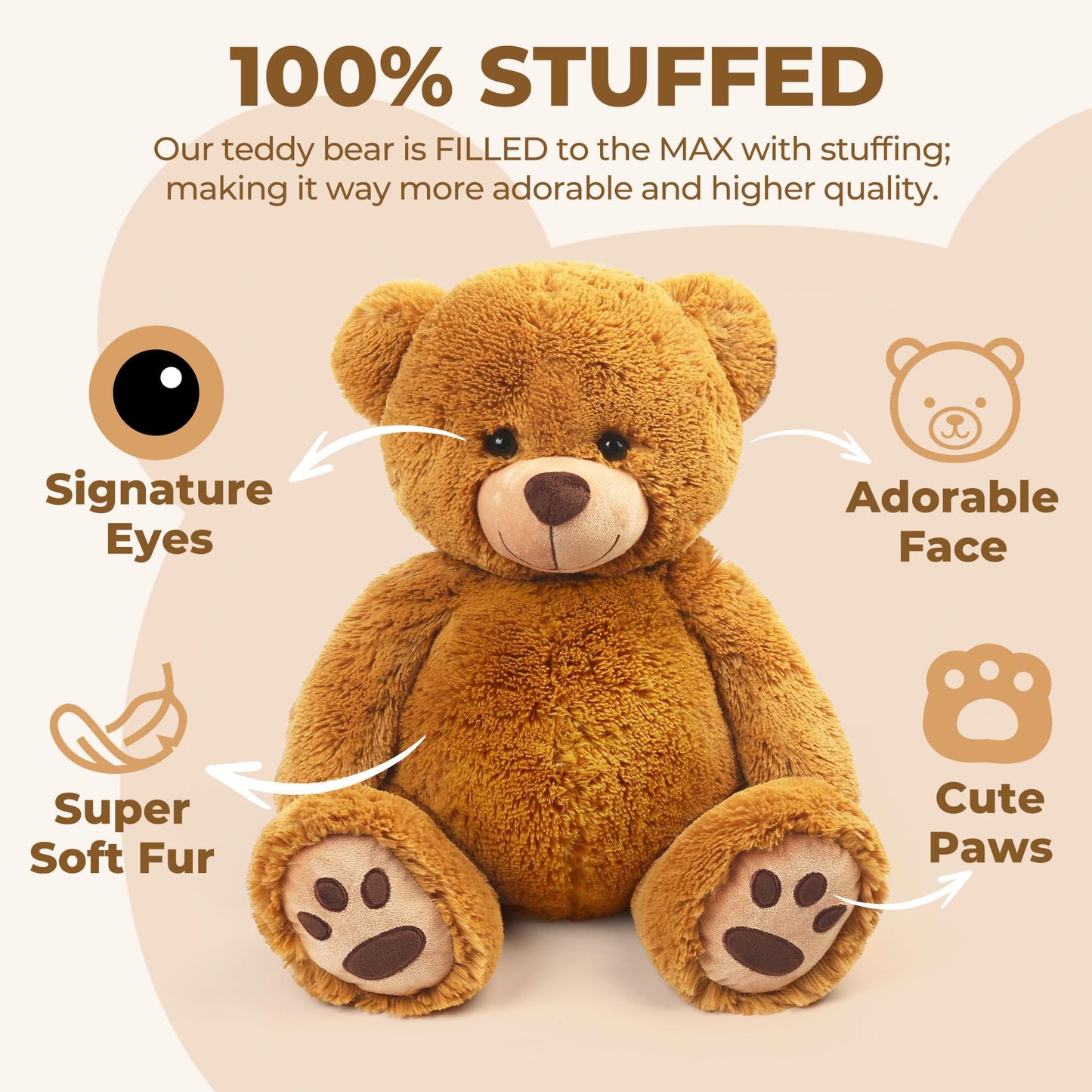 LotFancy 20 inch Teddy Bear Stuffed Animals, Soft Cuddly Plush Bear, Cute Stuffed Animals Toy with Footprints, Gifts for Kids Baby Toddlers on Baby Shower, Birthday, Easter, Tan Color