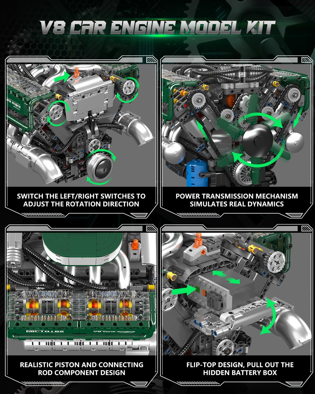 Mould King 10182 V8 Engine Building Blocks Sets, MOC V8 Tank Engine Model Kit with Battery and Motor, Collectable 8-Cylinder Combustion Car Engine Model Toys for Kids/Adults (2250+PCS)