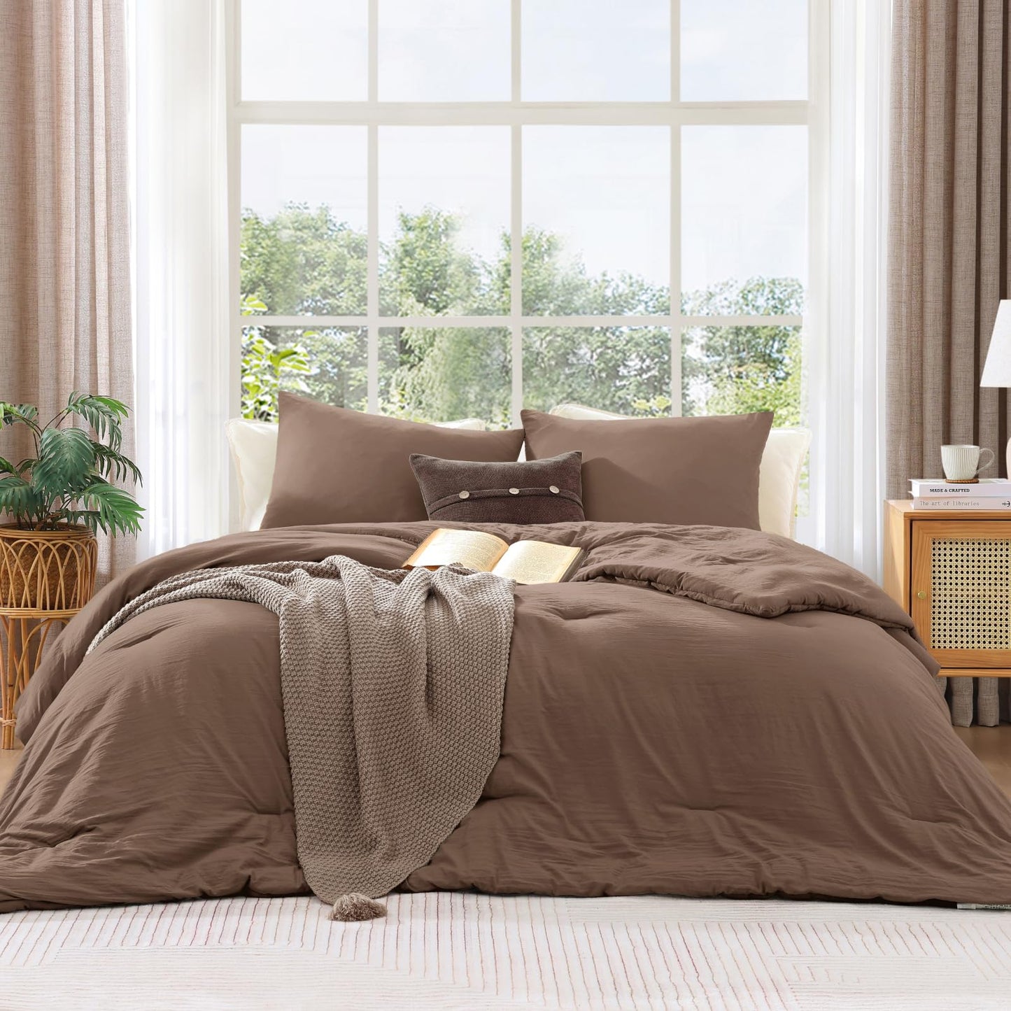 WRENSONGE Queen Comforter Set - 3 Pieces Prewashed Brown Comforter Soft Lightweight for All Seasons,Down Alternative Comforters Queen Size with 2 Pillow Shams