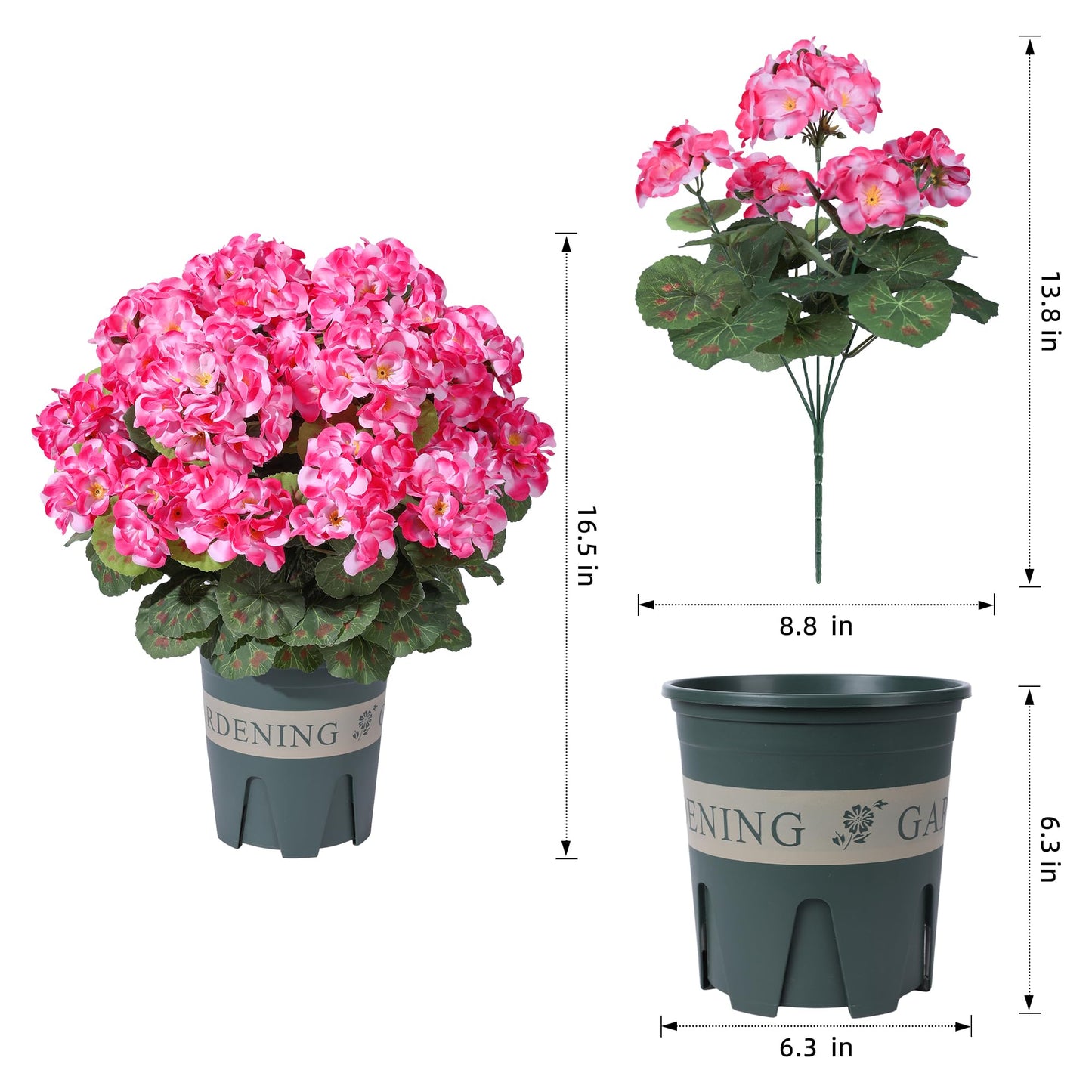 Geraniums Artificial Flowers for Outdoors, 2 Pack Potted Plants Pink Faux Geraniums Bush Artificial Topiaries Realistic UV Resistant Fake Flowers Plants for Planters Outside Gardens Front Door Indoor