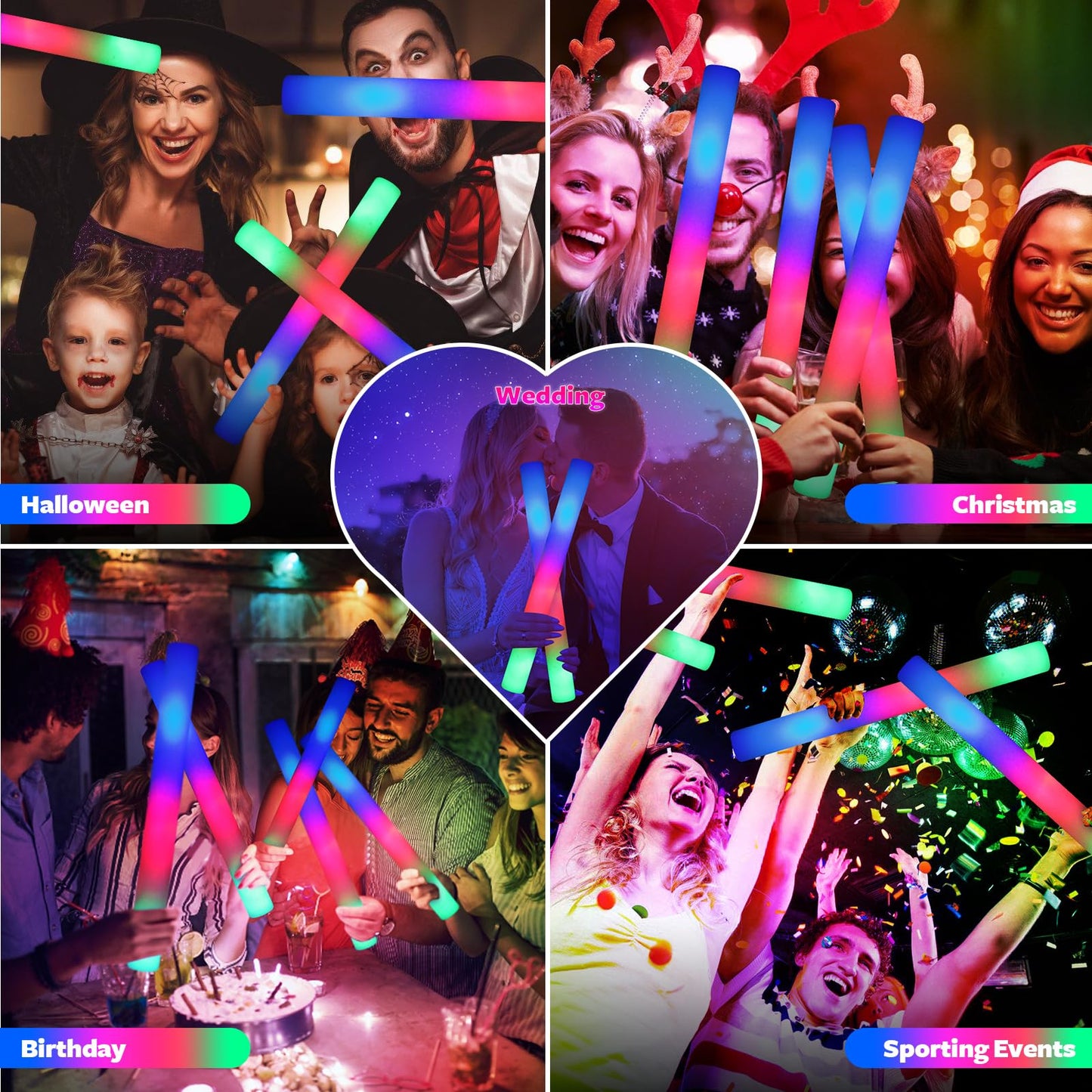 wellent 107 PCS LED Foam Glow Sticks Bulk, Glow in the Dark Party Supplies with 3 Modes Colorful Flashing, Neon Party Favors for Birthday, Wedding, Carnival, Concert, New Year