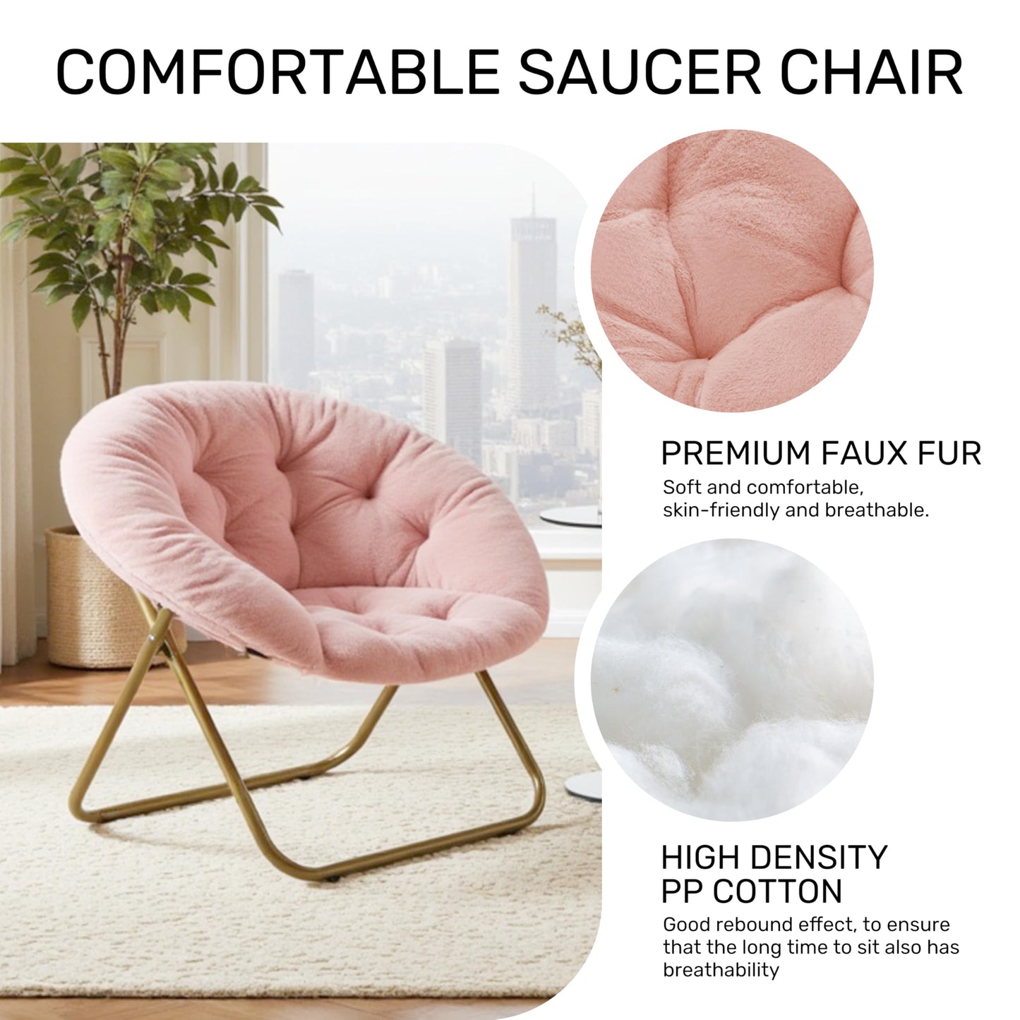 HealSmart Saucer Chair, Comfy Faux Fur Chair for Bedroom, Saucer Chairs for Adults, Teens, Round Shaped Moon Chair with Foldable Metal Frame, Pink