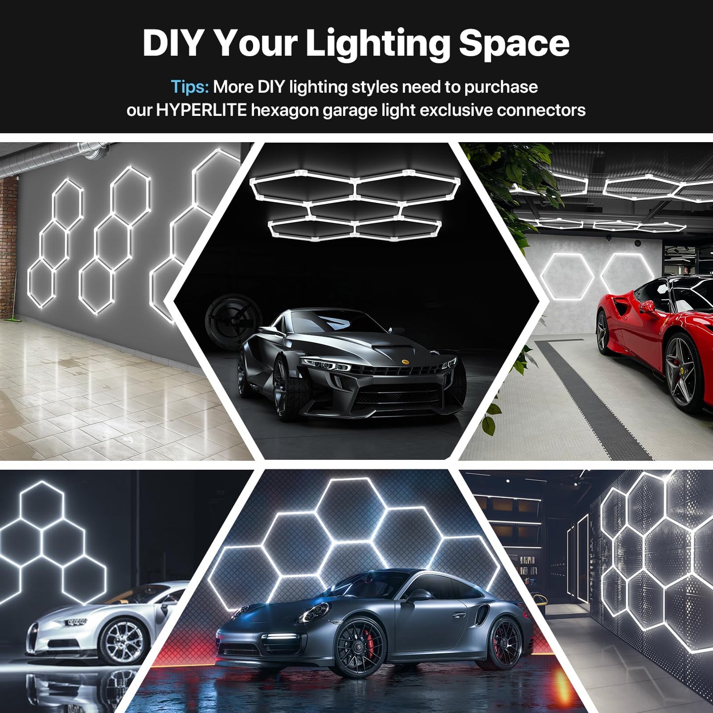 HYPERLITE Gen 2 Hexagon LED Lights: 168W 16800LM 5 Grids DIY Hexagon Led Lights, 6500K Ultra Bright, Easy Install, Durable Design for Garage, Shop, Basement, Barber, Homegym