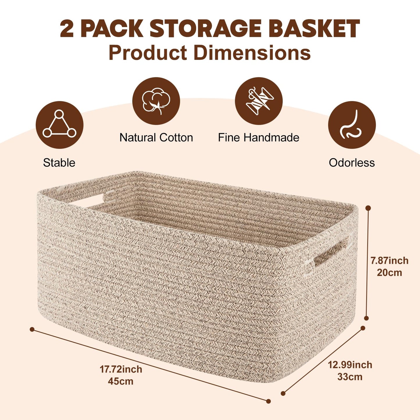 OIAHOMY Storage Basket for Shelves, Closet Cube Storage Bins Baskets for Clothes Blanket Towels, Baby Nursery, Toy Baskets Box, Woven Rope Basket, 17.72 * 12.99 * 7.87 IN, 2 Packs Brown