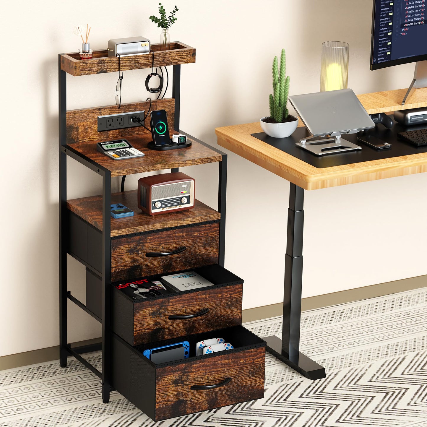 SZLHANJZ Night Stand, Nightstand with Charging Station, 3 Drawers Night Stand with Storage and LED Lights, 3 Shelves and Hooks, End Side Table for Bedroom, Rustic Brown