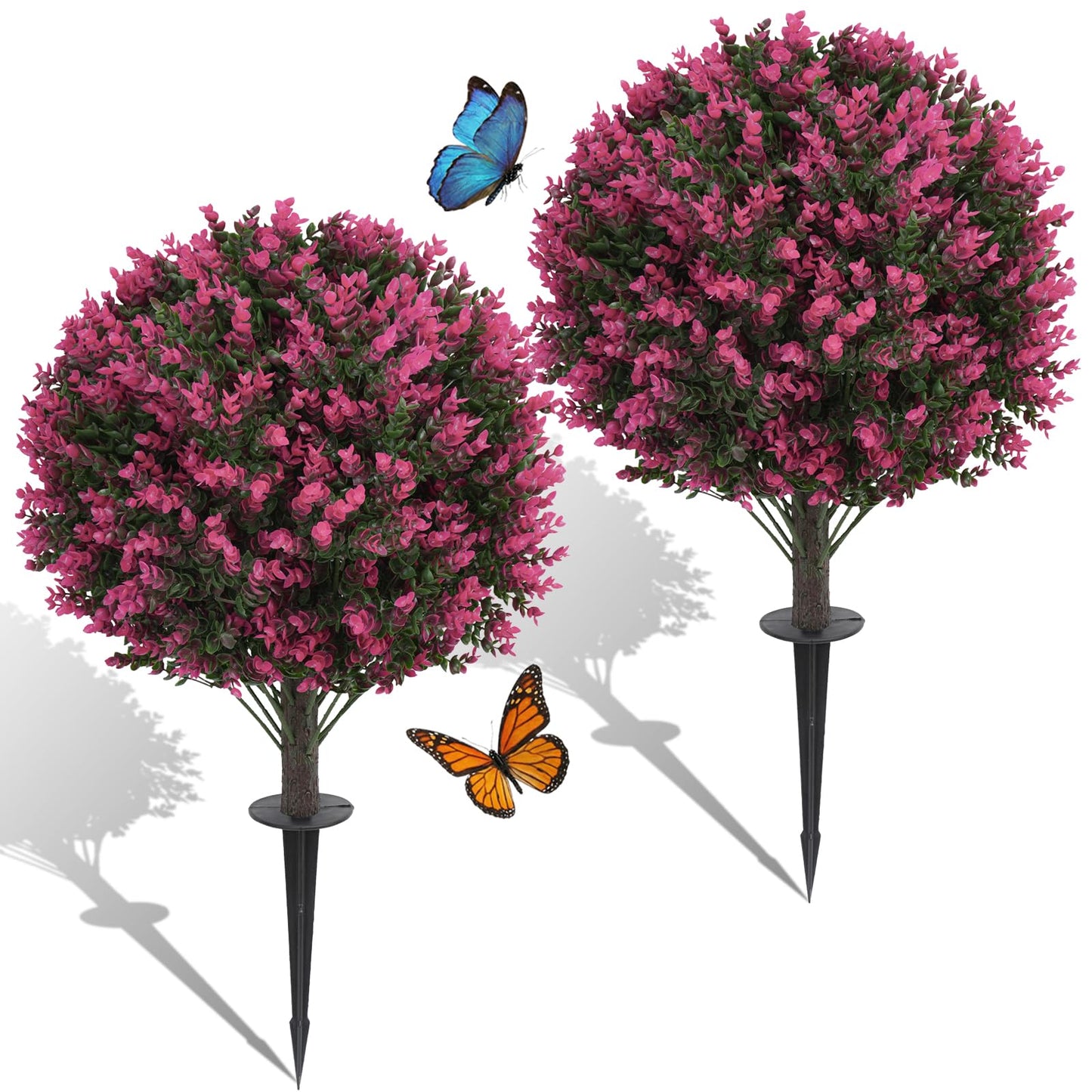 Quirlory Artificial Red Eucalyptus Topiary Ball Trees 24", Lush Dense Foliage Fake Plants Pair with Ground Spike, UV Resistant Faux Evergreen Plants for Outdoor Indoor Planters Front Porch