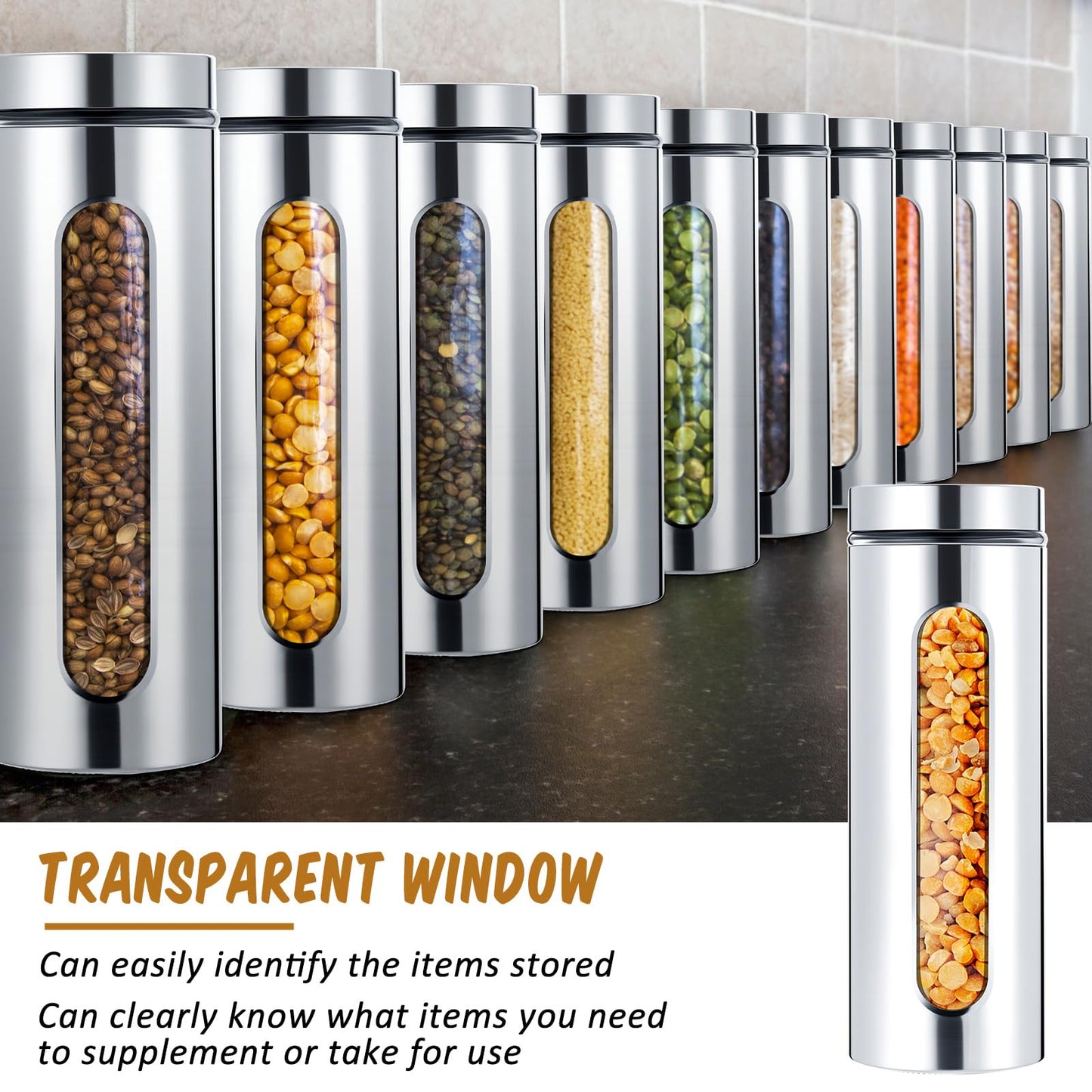 Mimorou 6 Pack Kitchen Canisters Set Airtight Coffee Sugar Tea Candy Storage Jars with Window Glass Stainless Steel Containers with Lids for Flour Cookies Spices Grains Kitchen Decorations (60 oz)