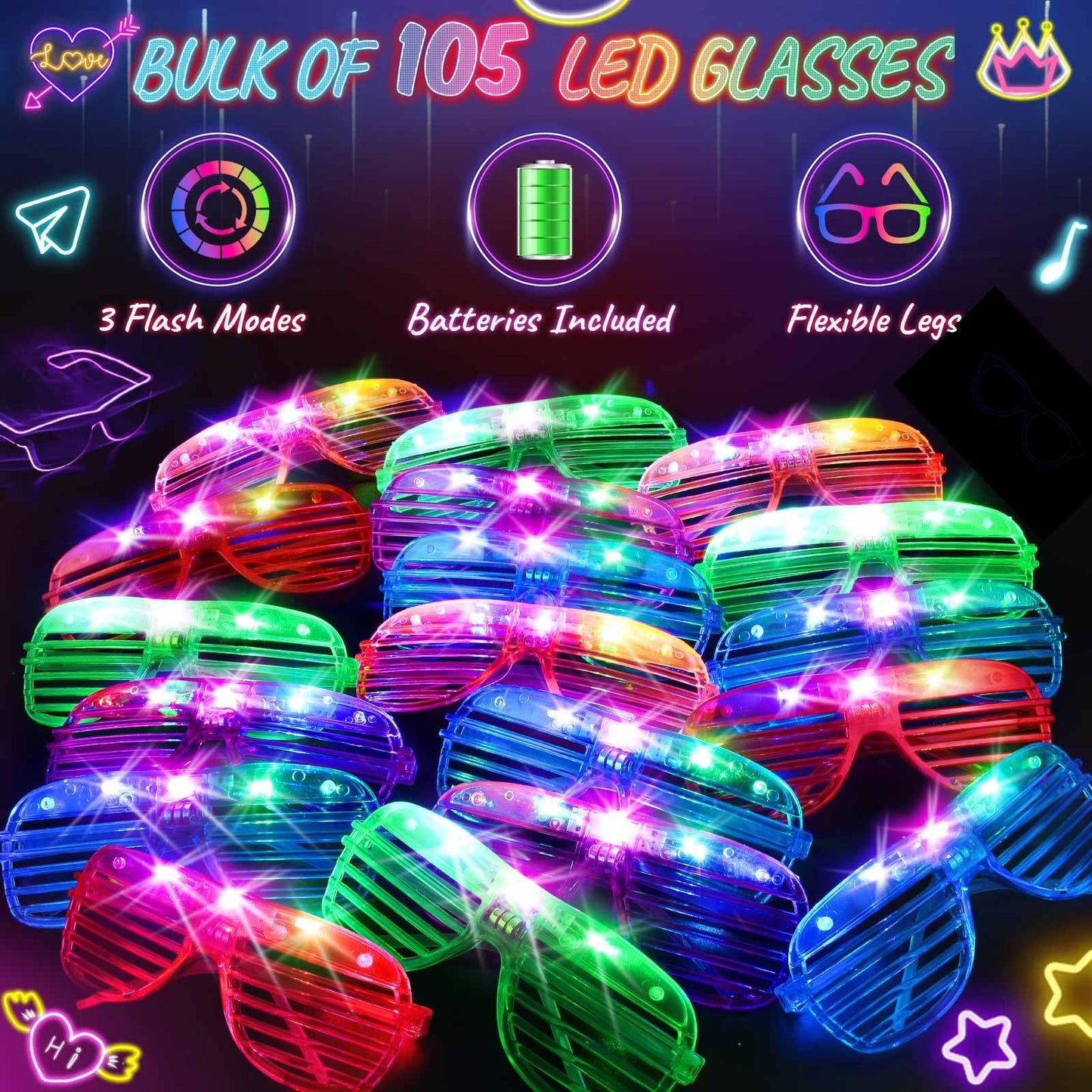 HONLYNE105 PCS LED Glasses, Light Up Glasses for Kids Adults, Neon Flashing Sunglasses Glow Party Supplies Glow Glasses for Wedding Birthday New Year Rave Carnival