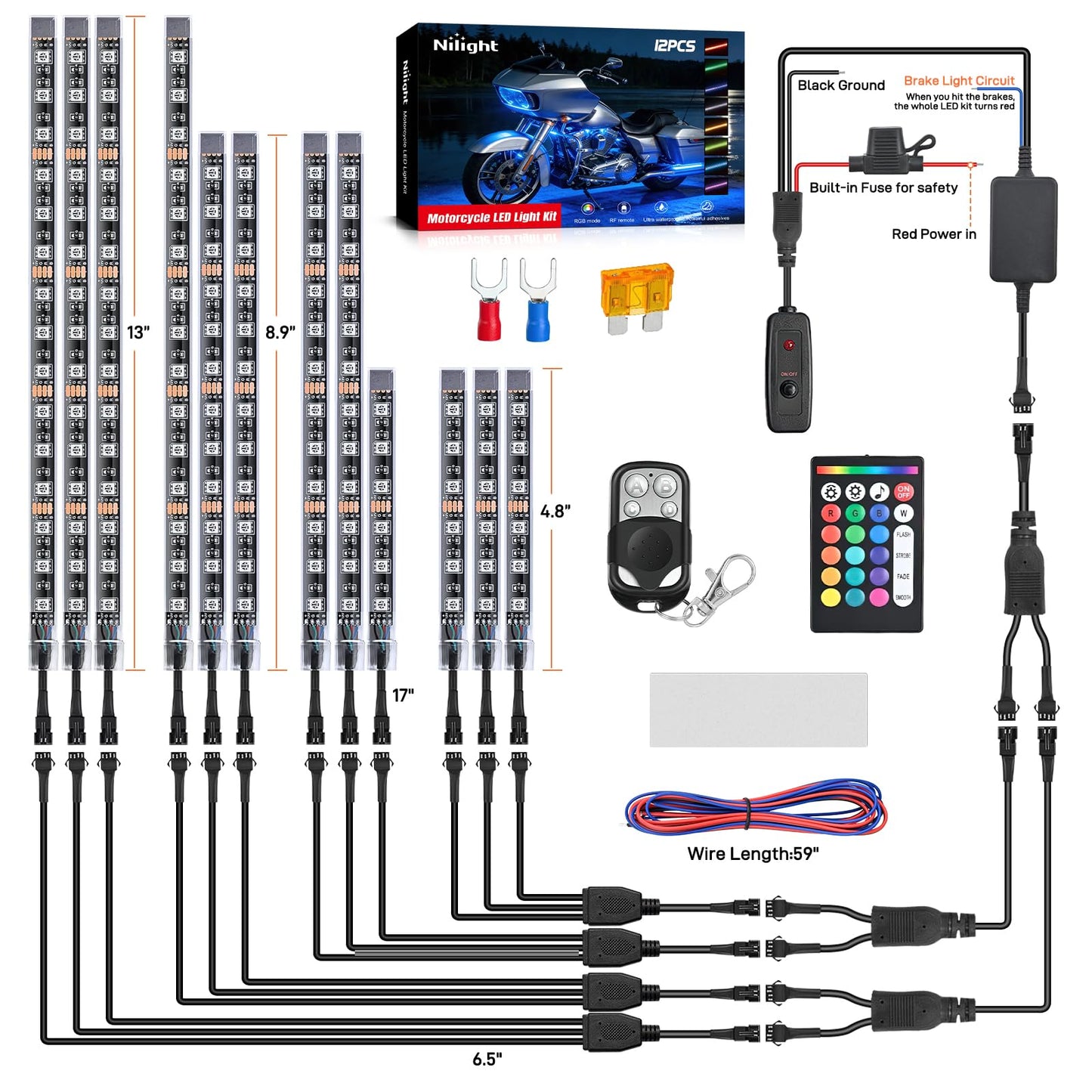 Nilight - TL-35 12PCS Motorcycle RGB Led Light Kit Waterproof Multi-Color Atmosphere Lights Lamp with Dual RF Wireless Remote Controllers for Harley Davidson Honda Kawasaki Suzuki, 2 Years Warranty