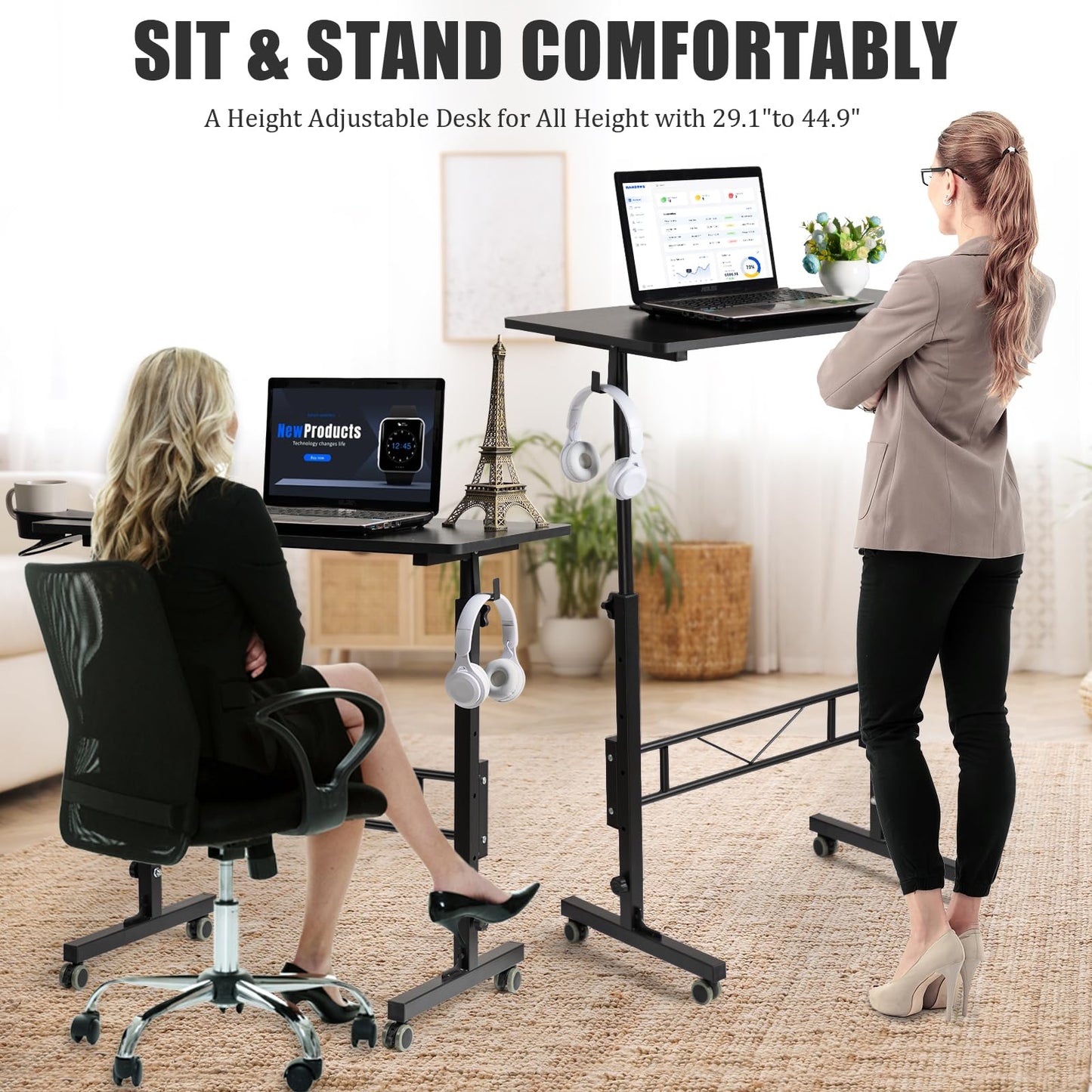 SIDUCAL Standing Desk Adjustable Height, Small Mobile Table with Wheels, Rolling Desk for Standing or Sitting, Portable Computer Desk for Walking Pad, Black
