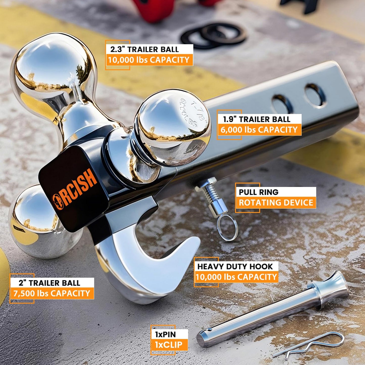ORCISH 360° Swivel Trailer Hitch, Tri-Ball Mount with Pin & Heavy Duty Hook, Chrome-Plated Trailer Ball Size 1-7/8", 2" and 2-5/16", Fit 2 Inch Hitch Receiver, Rotating Ball Hitch, Towing Hitch