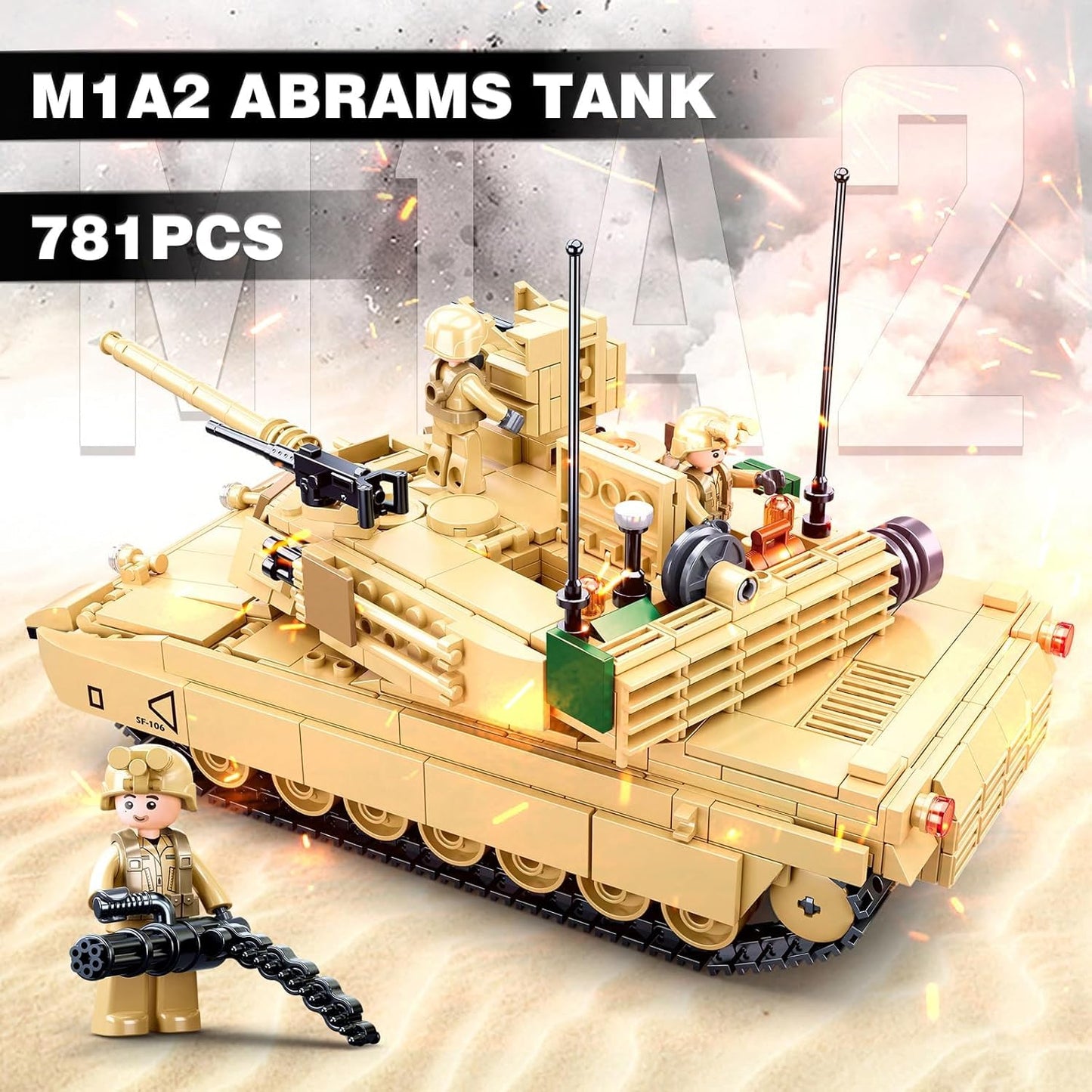 WW2 Army Tank M1A2 Main Battle Tank Military Model Toy Kits, Inspired M1A2 Abrams Brick Building Set, Including 2 Soldier Minifigures, Gifts for 6-12 Year Old Kids, Compatible with Lego, 781 PCS1