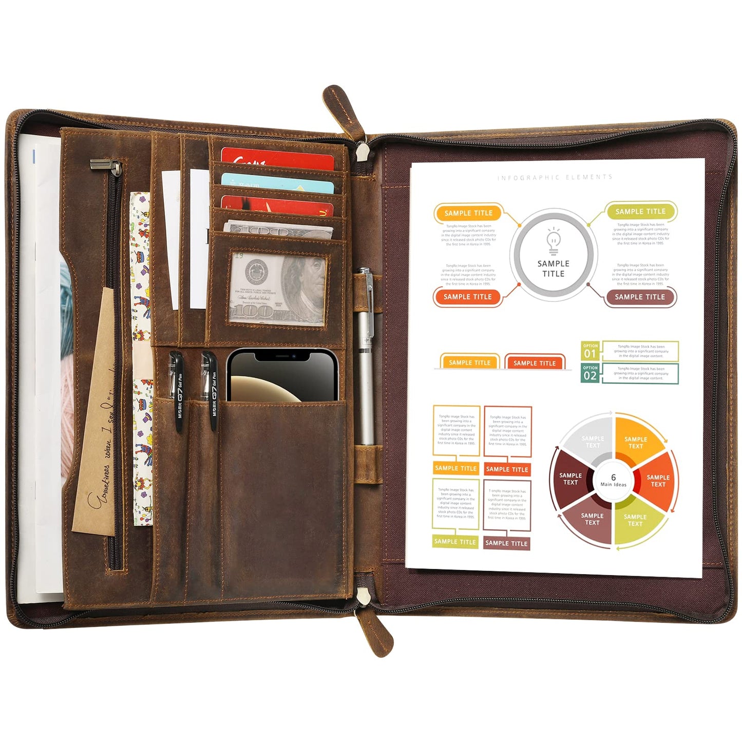 Ringsun Genuine Leather Portfolio with Zipper, Business Organizer for A4/Pad/Phone, Brown, RS63