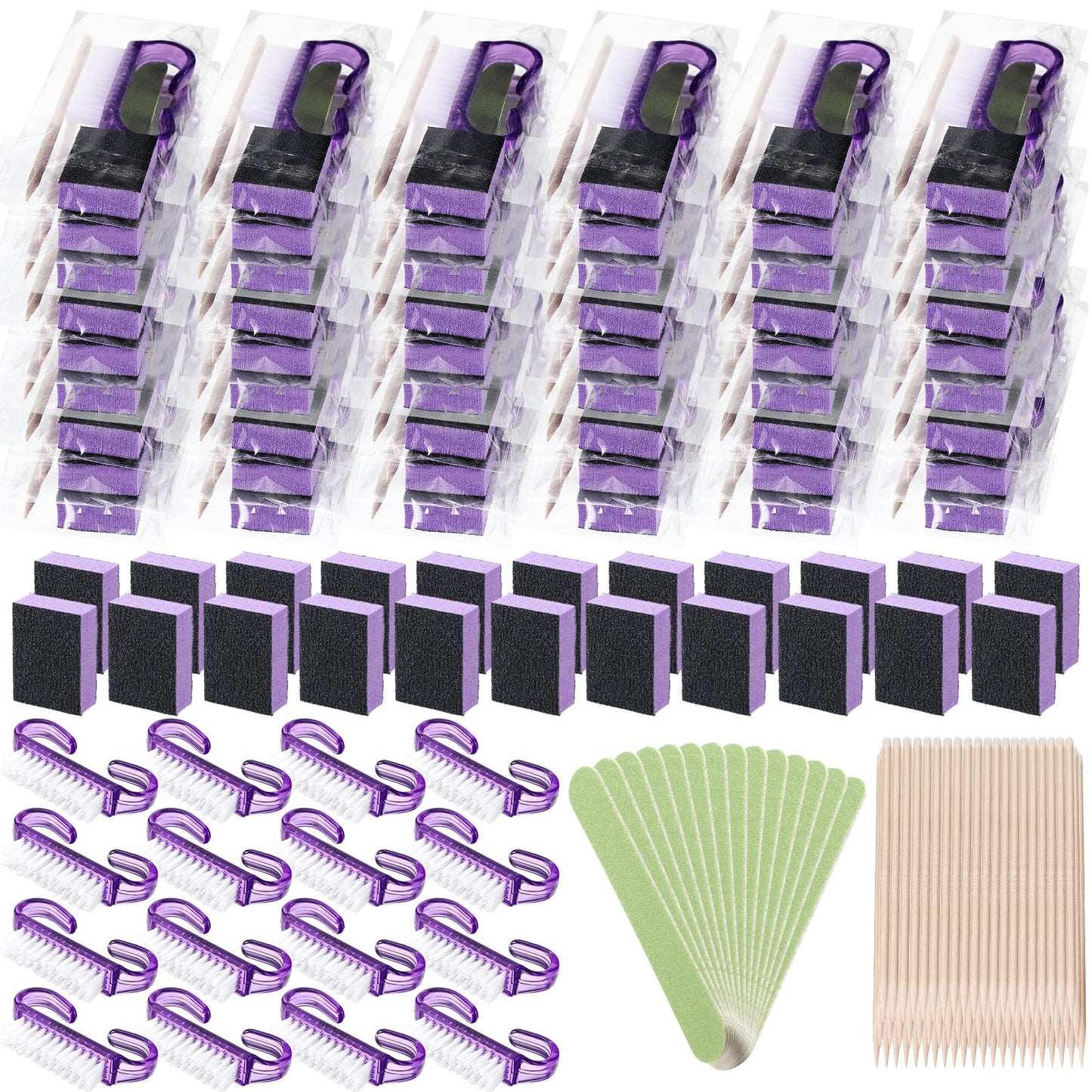 Leriton 100 Sets Professional Disposable Manicure Kit Basics 4 Piece Nail Kit Wood Nail File 100/180 Grit, Mini Buffer 80/100 Grit, Wood Stick and Handle Grip Nail Brush Valentine's Gifts (Purple)