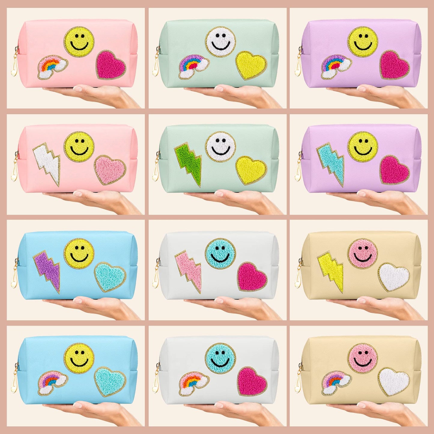 Sanwuta 12 Pcs Preppy Patch Makeup Bag Chenille Letters Cosmetic Bag Pu Leather Preppy Organizer Small Smile Lightning Heart Toiletry Pouch Portable Waterproof Storage Purse Pouch for Women Adults