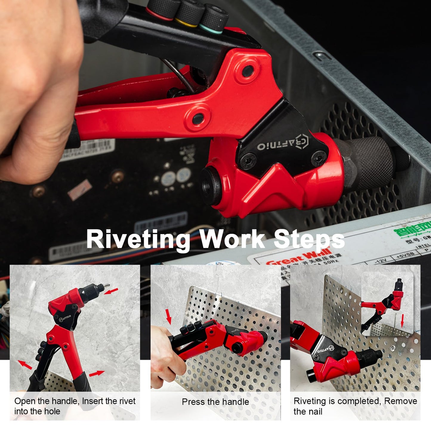 2 in 1 Rivet Nut Tool, Rivet Gun, 360° Swivel Head Multi-Application Tool with 4 Rivet Heads and 8 Metric & SAE Mandrels, Hand Riveter Tool with 80 Rivets and 80 Rivet Nuts, Designed for Tight Space