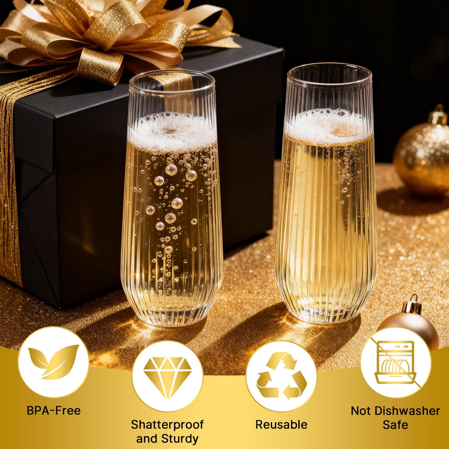 Goodluck 48pack Clear Disposable Champagne Flutes，9oz Stemless Champagne Flutes,Stemless Disposable Clear Plastic Toasting Glasses for Weddings, Birthday Parties, Family Gatherings, Bars