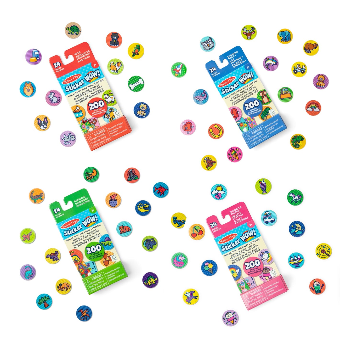 Melissa & Doug Sticker WOW! Mini Activity Pad & Refill Stickers 4-Pack—Dinosaur, Pets, Surprise Pack 1 & Favorite Things—800 Stickers for Sticker Stampers (not included) Arts & Crafts Toys for Kids 3+
