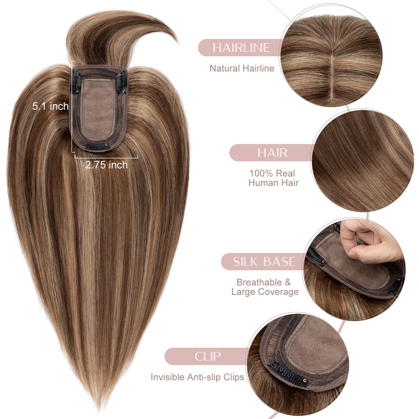 SEGO Pro Human Hair Topper with Bangs Hair Toppers for Women Real Human Hair Toppers Hair Pieces for Women Human Hair Toppers for Thin Hair 6 Inch #4P27 Chocolate Brown Mixed Light Brown