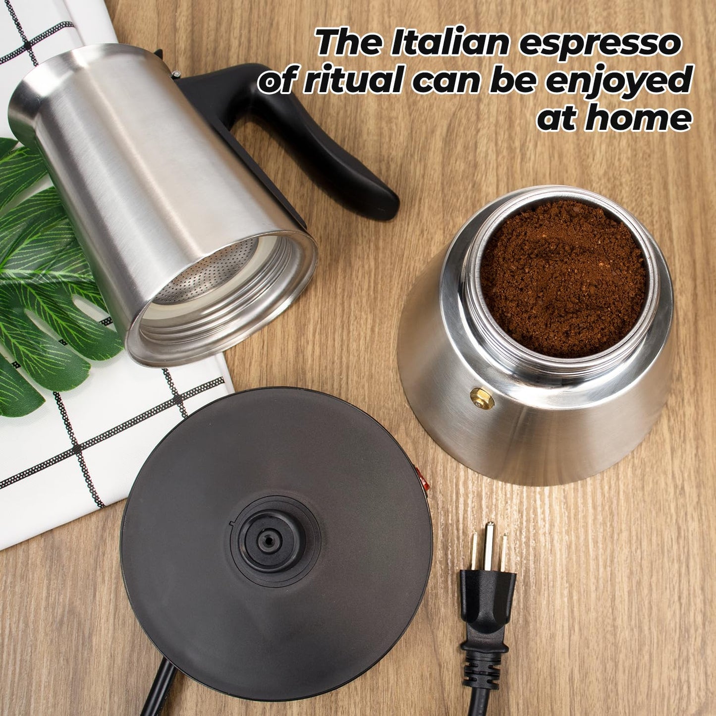 Vaolvpant Electric Stainless Steel Moka Pot 6 Cup 300ml Mocha Pot Espresso Maker with Detachable Base Ideal Coffee Maker for Home Italian and Cuban Café Coffeemaker Espressomaker Coffee Pot