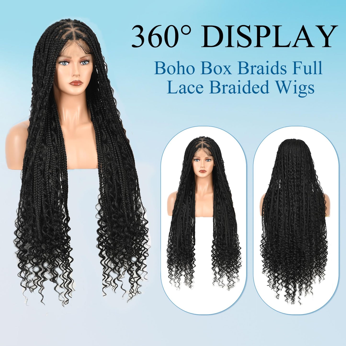 Olymei Boho Braided Wig Box Braid Wig Triangle Knotless Braided Wigs for Women Box Braid with Boho Curls Wig Braided Lace Front Wigs Full Double Lace Front Braided Wigs 36" Black