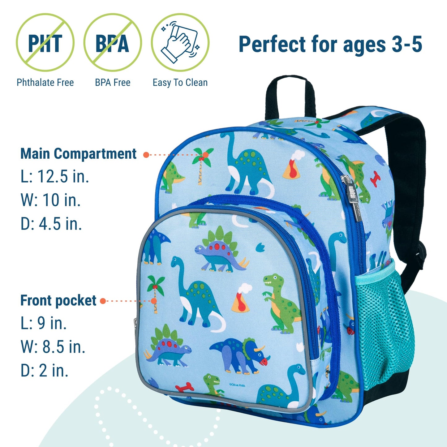 Wildkin 12-Inch Kids Backpack – Lightweight, Durable, Padded Straps – Ideal for Daycare, Preschool & Travel - Dinosaur Land