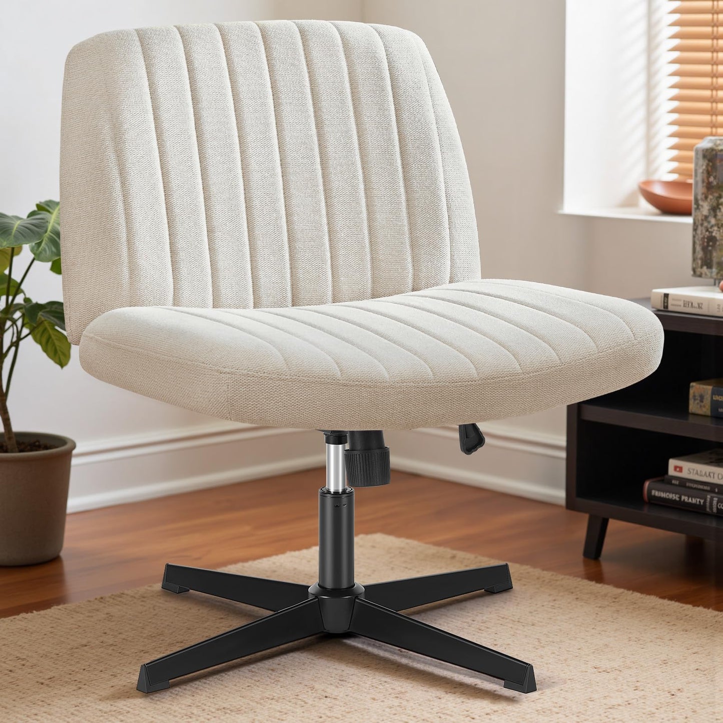 DUMOS Criss Cross Chair No Wheel Legged Office Wide Comfy Desk Vanity Chair, Armless Computer Task Seating PU Leather, Swivel Home Height Adjustable for Bedroom, Study, Beige No Wheel