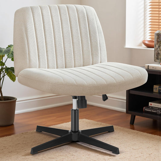 DUMOS Criss Cross Chair No Wheel Legged Office Wide Comfy Desk Vanity Chair, Armless Computer Task Seating PU Leather, Swivel Home Height Adjustable for Bedroom, Study, Beige No Wheel