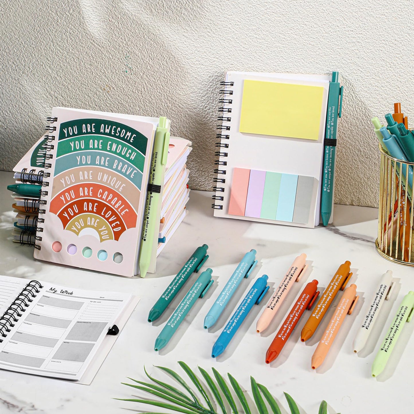 Janlaugh 60 Pcs Mental Health Awareness Gifts Wellness Gifts Bulk Include 30 Mental Health Planners Journals with Sticky Notes 30 Positive Affirmation Pens Self Care Item for Coworker Teacher Student