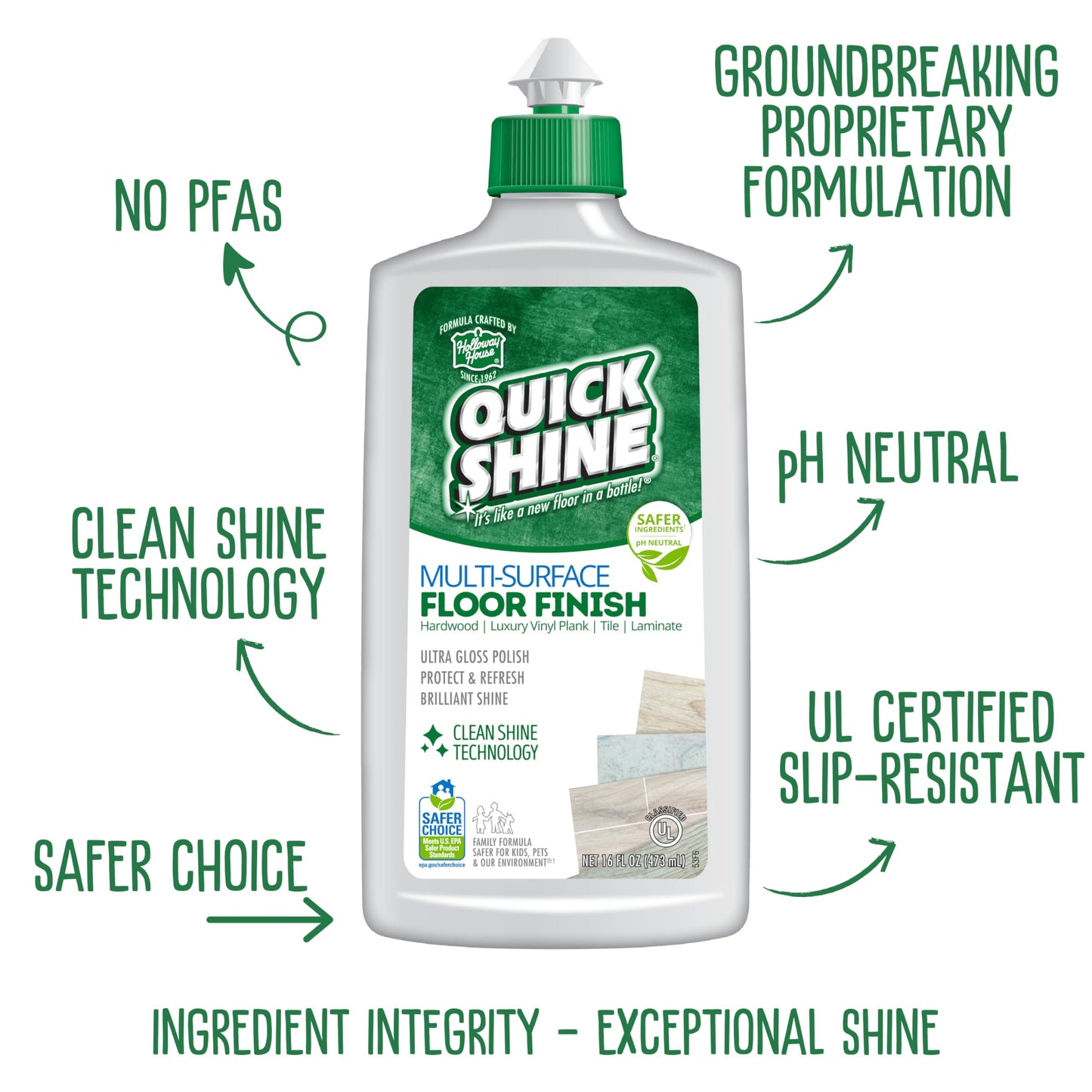 Quick Shine Multi Surface Floor Clean + Polish Mop Kit w/ 3 Reusable Pads & 1-16 oz. Floor Finish | Use Wet + Dry | Hardwood, Luxury Vinyl Plank, Laminate | Safer Choice pH Neutral Formula