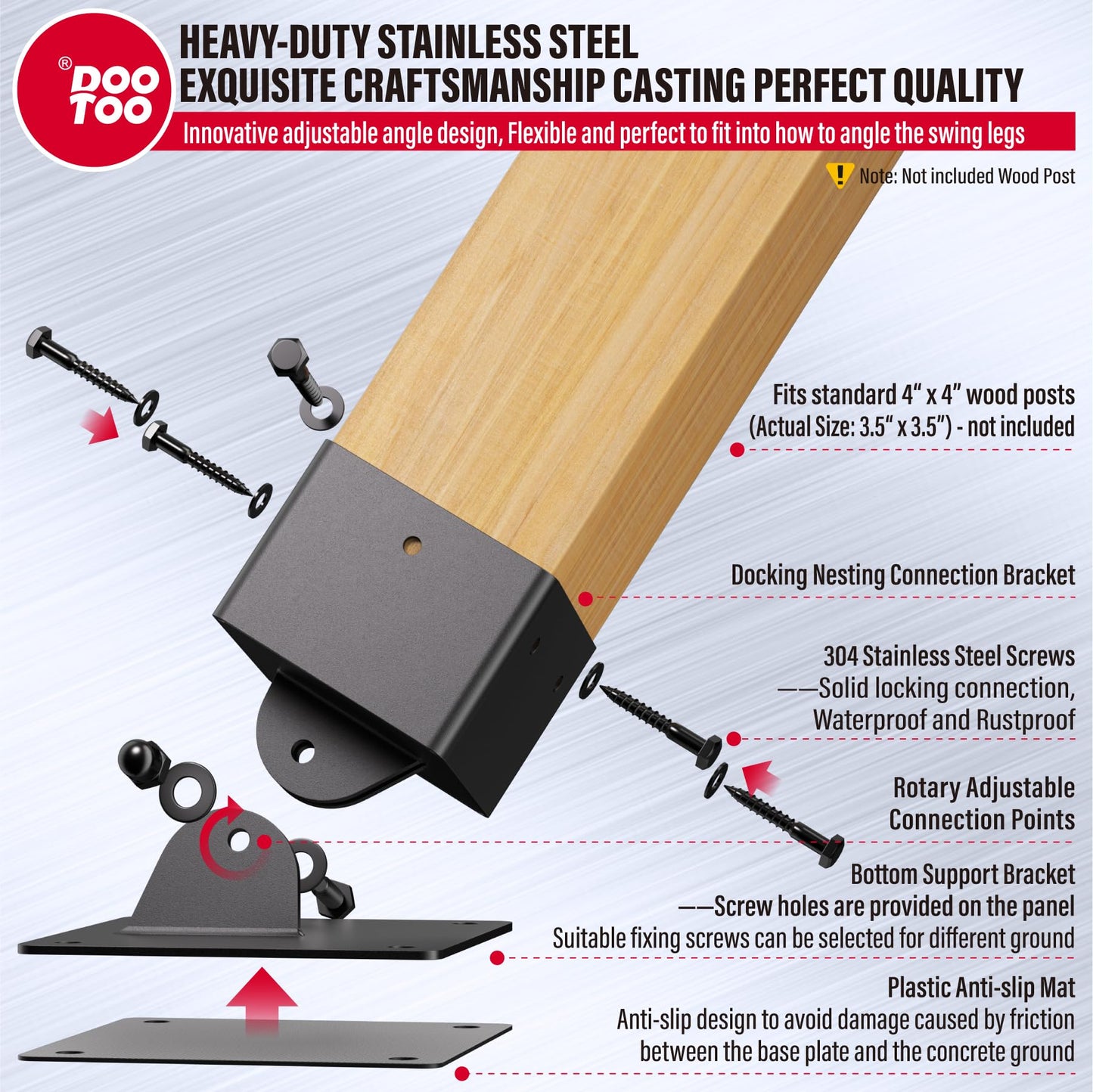 DOOTOO 4-Pack Swing Set Anchor Leveling Kit - 201 Stainless Steel, Swing Set Leveling Bracket for 4"x4" (Actual 3.5"x3.5") Wood Legs, Enhance Swing Set Stability,Protect Wood (Black)