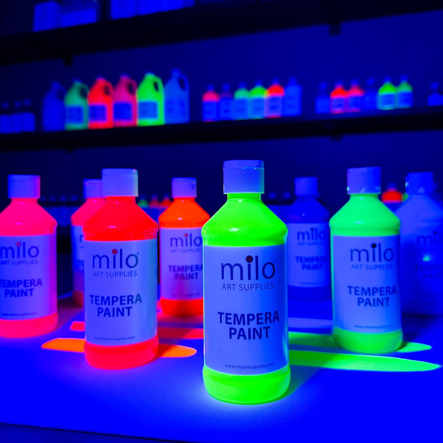 milo Fluorescent Tempera Paint Set of 8 Colors | 8 oz Bottles | Made in the USA | Washable and Non-Toxic Neon Art & Craft Poster Primary Paints for Artists, Kids, & Hobby Painters, Glows UV in Black Light