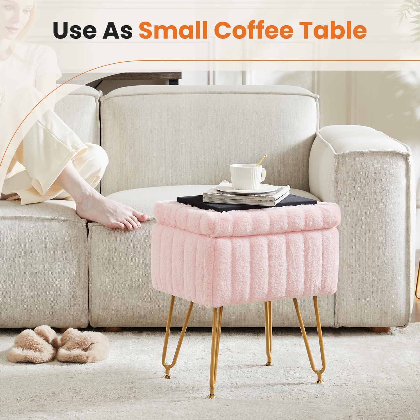 Sweetcrispy Vanity Stool Chair with Storage, 18.9”H x 16”L x 12.2”W Ottoman Chair Faux Fur Soft Padded Makeup Footstools Seat with 4 Metal Legs Anti-Slip Adjustable Feet for Make Up, Pink