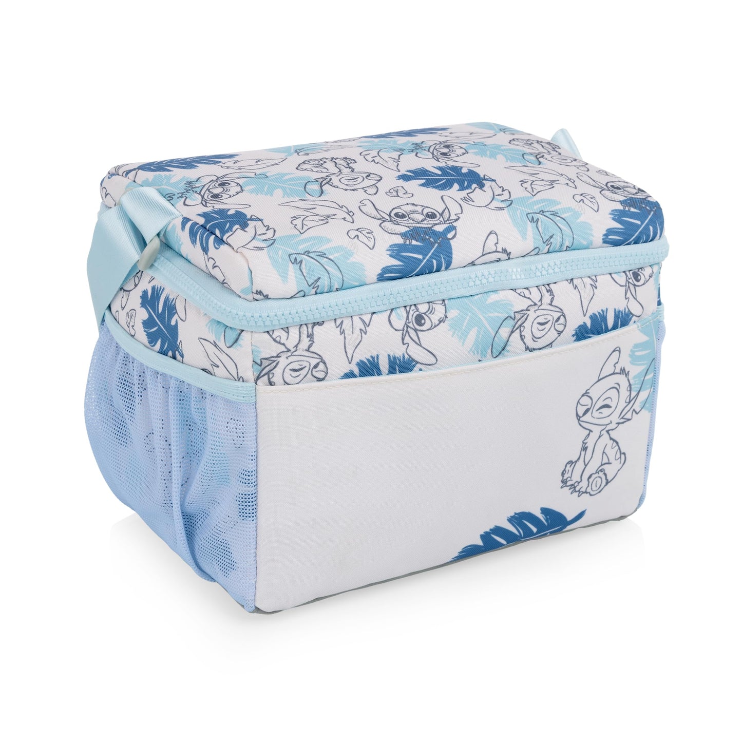 PICNIC TIME Disney Lilo & Stitch Modern Lunch Cooler, Insulated Lunch Box for Work, Travel, and Outdoor Use, Waterproof Cooler Bag with Adjustable Strap and Mesh Pockets, (White with Blue Leaf Design)