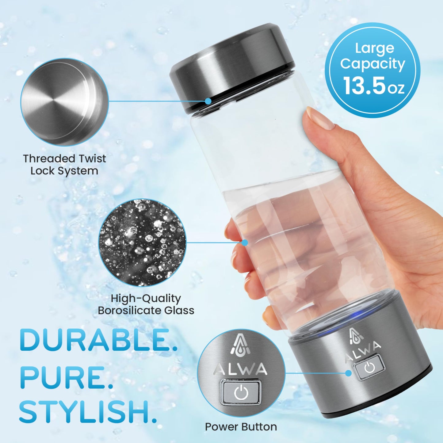 2025 Upgraded Hydrogen Water Bottle w/SPE/PEM Technology, 1700 PPB Fast Portable Hydrogen Generator, 3-Min Quick Electrolysis, Rechargeable Hydrogen Rich Glass for Home Office Travel & Fitness