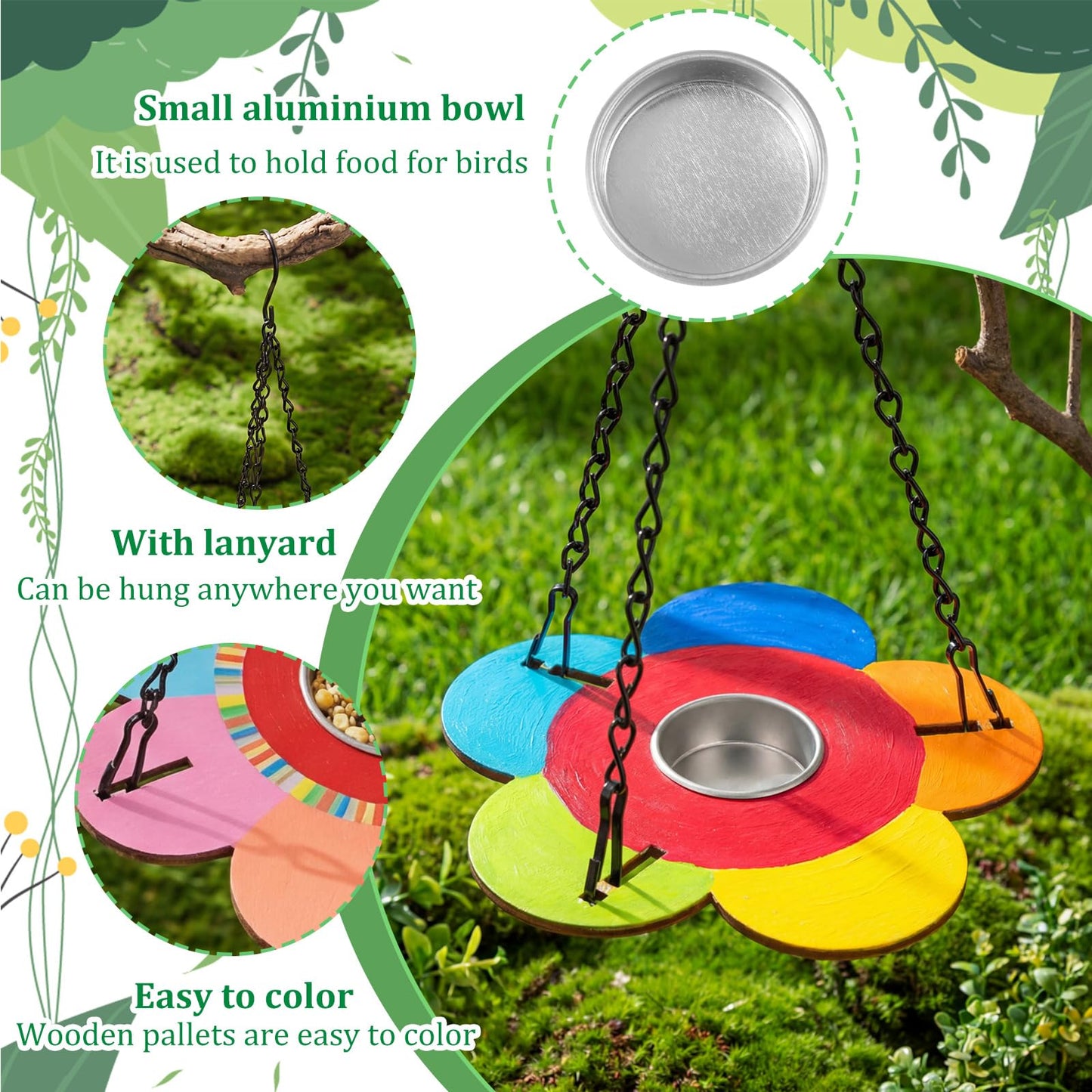 DoubleFill 24 Pack Bird Feeder Craft Kits with Chains for Kids Ages 3-8 Make Your Own Wooden Flower Bird Feeders with Aluminum Bowls DIY to Paint Craft for Garden Outdoor Activities (Flower,Round)