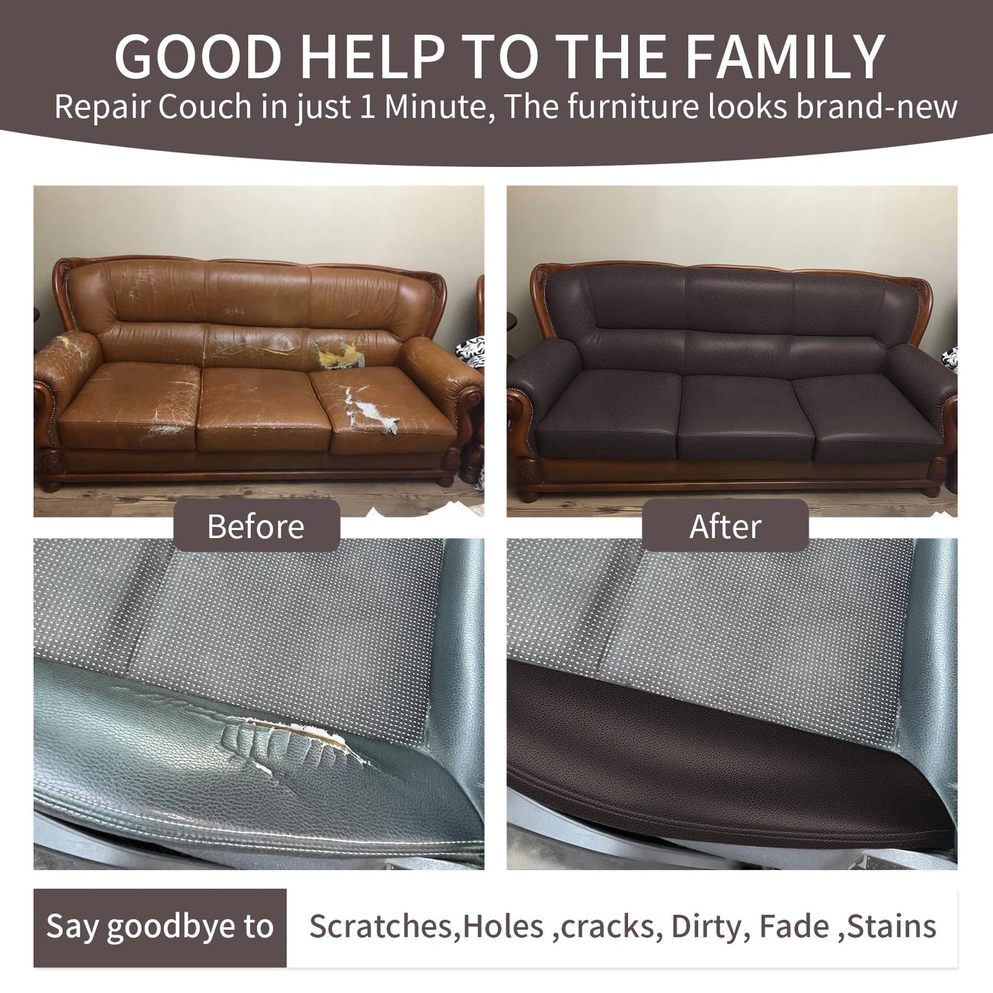 BSZHTECH Leather Repair Tape Self-Adhesive Leather Repair Patch for Couch Furniture Sofas Car Seats Advanced PU Vinyl Leather Repair Kit (Dark Brown, 35.4X79 inch)